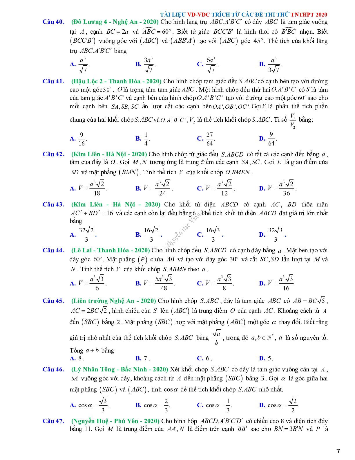 56 Bài tập trắc nghiệm Vận dụng-Vận dụng cao khối đa diện và thể tích của chúng - có đáp án chi tiết (trang 7)