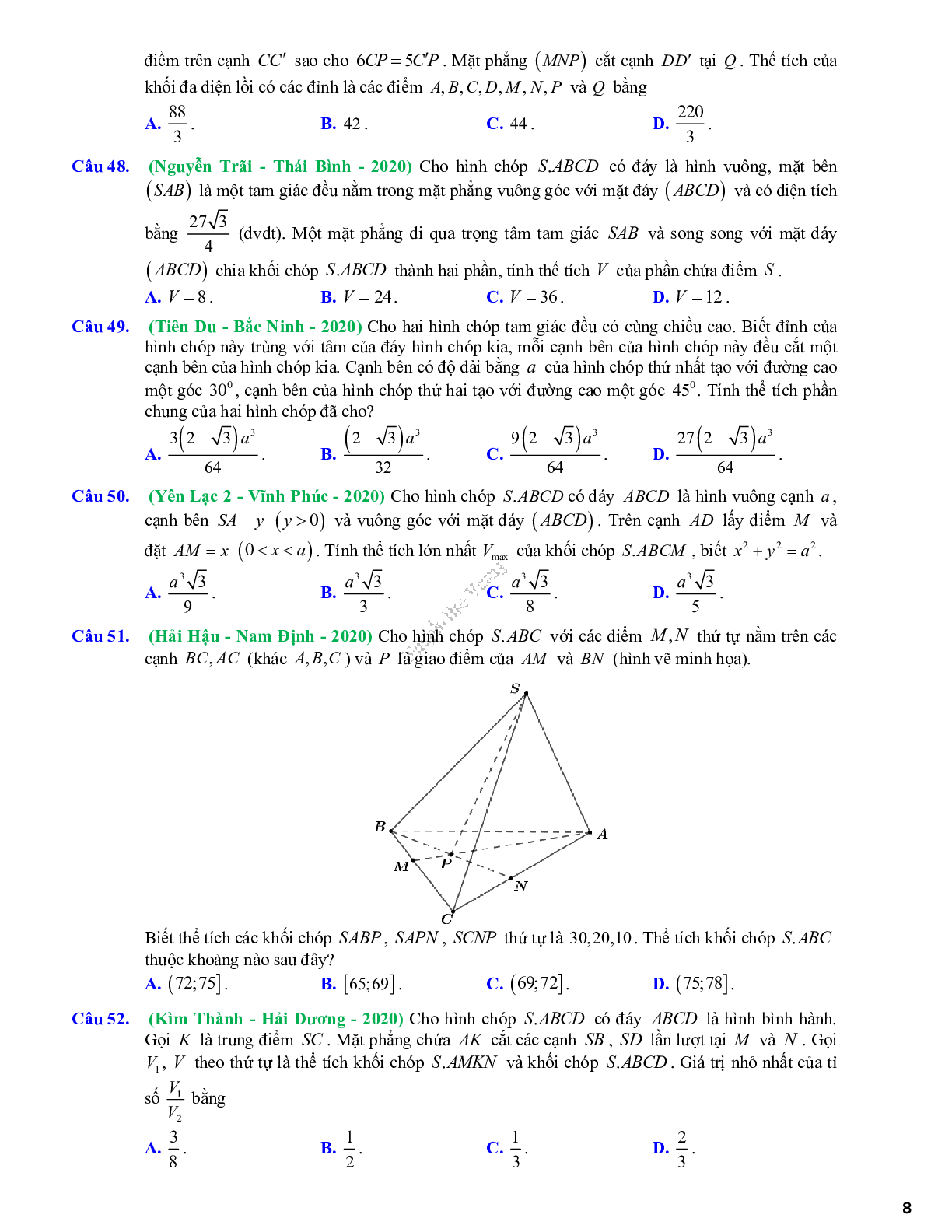 56 Bài tập trắc nghiệm Vận dụng-Vận dụng cao khối đa diện và thể tích của chúng - có đáp án chi tiết (trang 8)