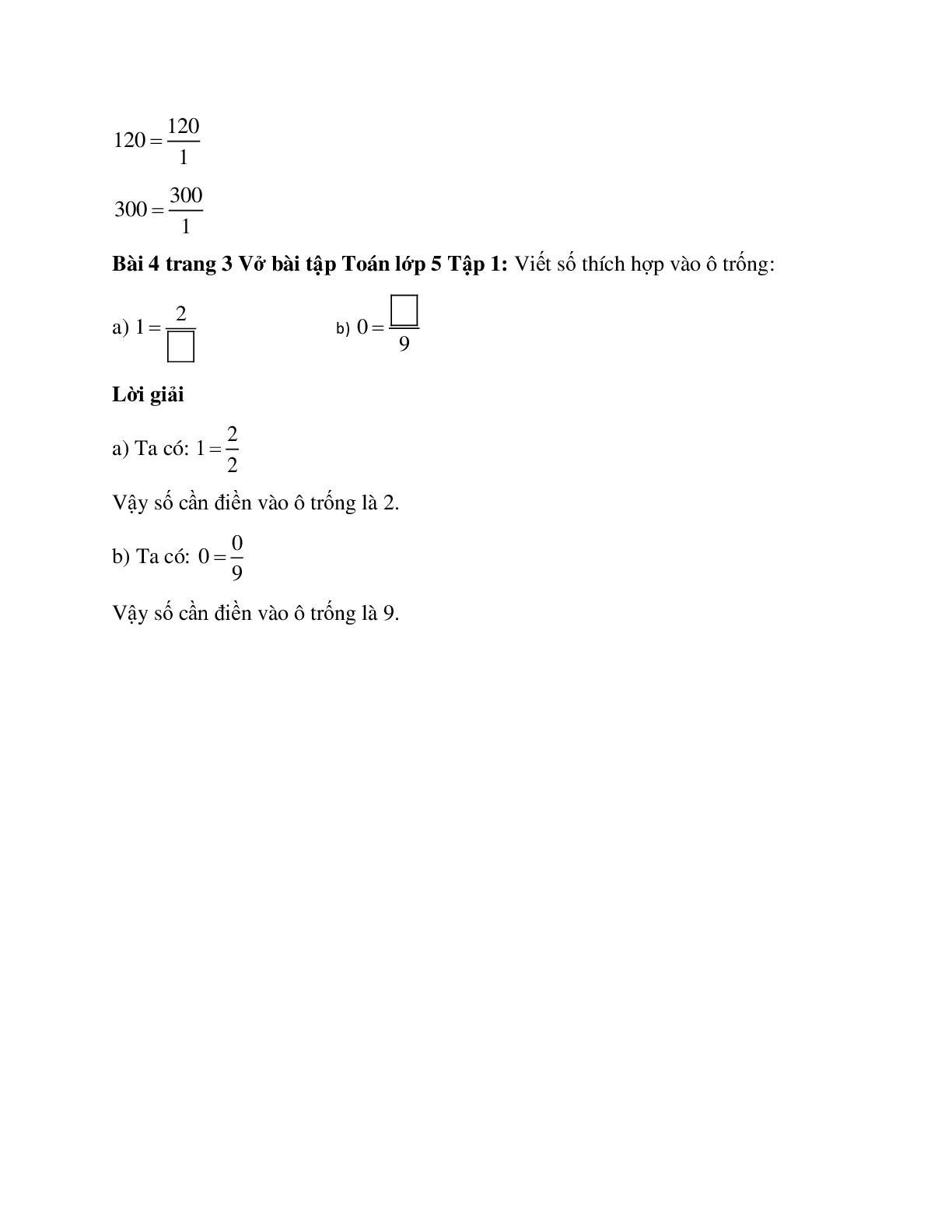 Vở bài tập Toán lớp 5 Tập 1 trang 4 Bài 1: Ôn tập: Khái niệm về phân số (trang 3)