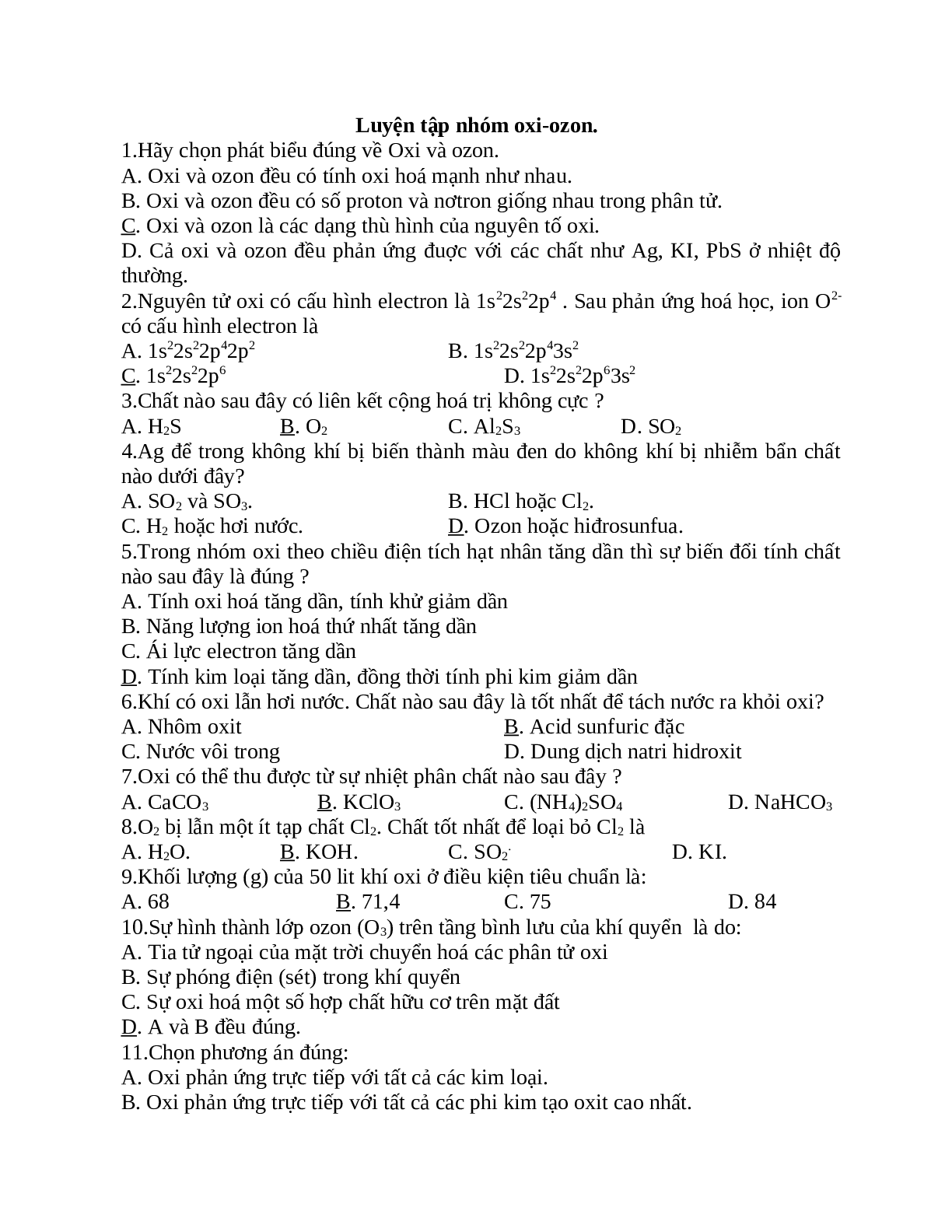29 câu trắc nghiệm Luyện tập nhóm oxi lớp 10 có đáp án (trang 1)