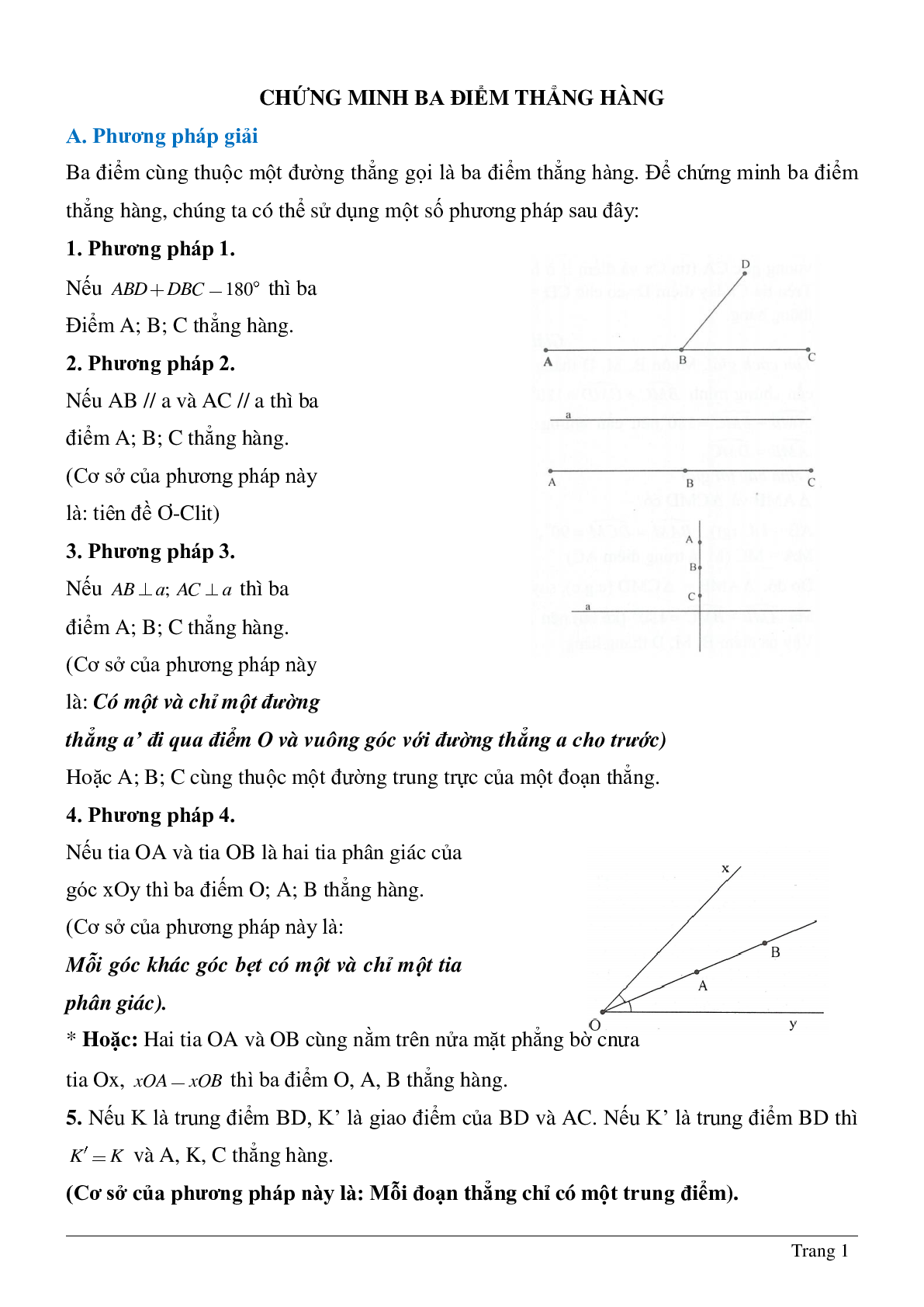 Đầy đủ lý thuyết, bài tập về Chứng minh ba điểm thẳng hàng hình học lớp 7 có lời giải (trang 1)
