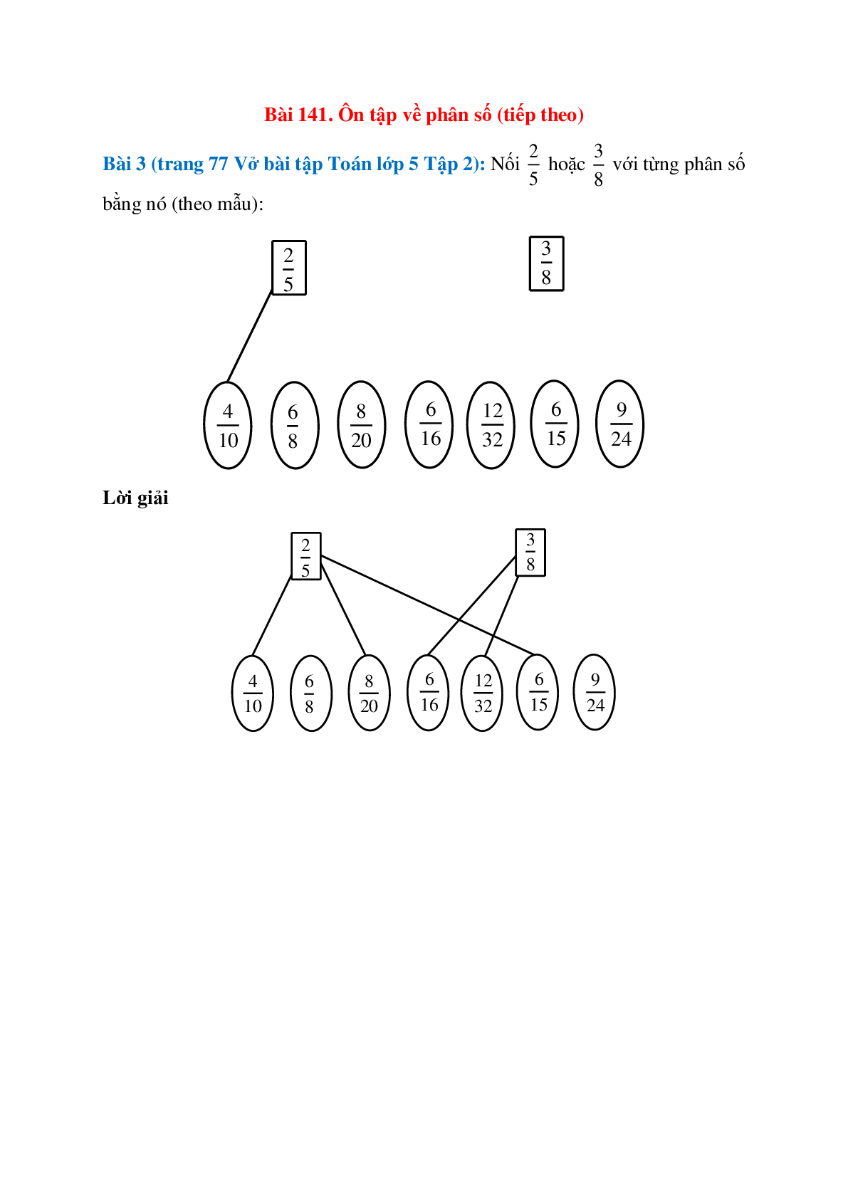 Nối 2/5 hoặc 3/8 với từng phân số bằng nó (theo mẫu) (trang 1)