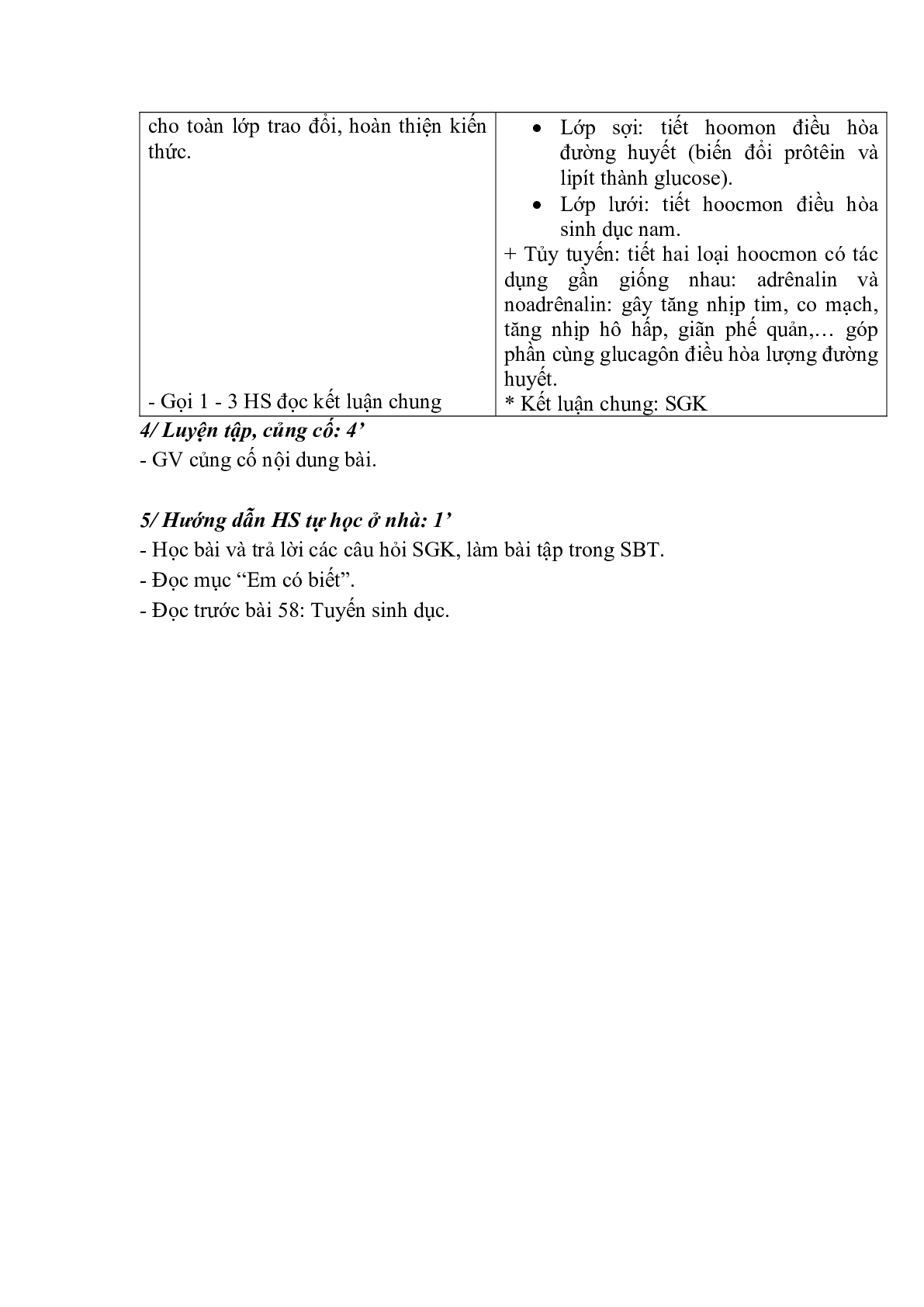 Giáo án Sinh học 8 Bài 57: Tuyến tụy, tuyến trên thận mới, chuẩn nhất (trang 2)