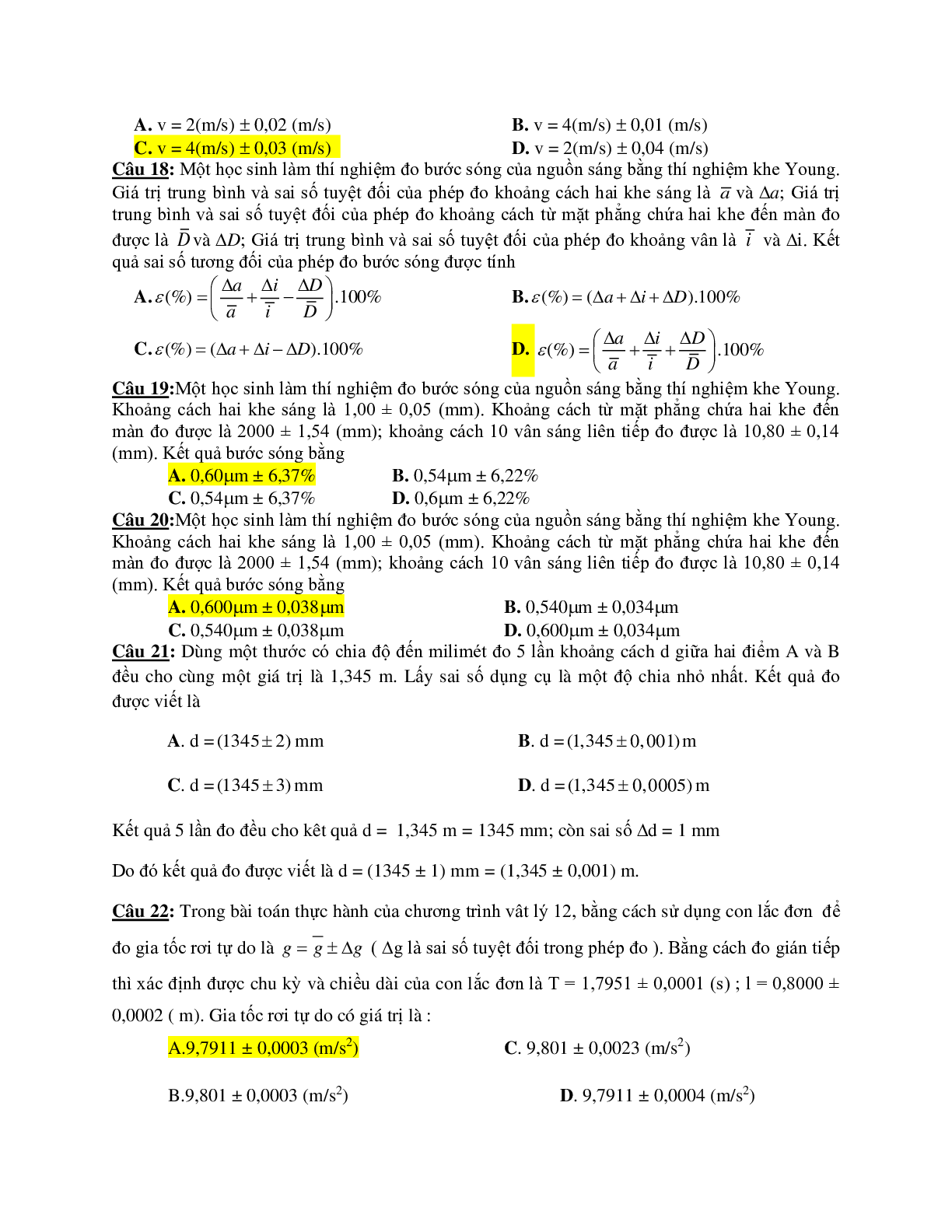 Dạng bài trắc nghiệm sai số trong thí nghiệm thực hành có đáp án môn Vật lý lớp 12 (trang 6)