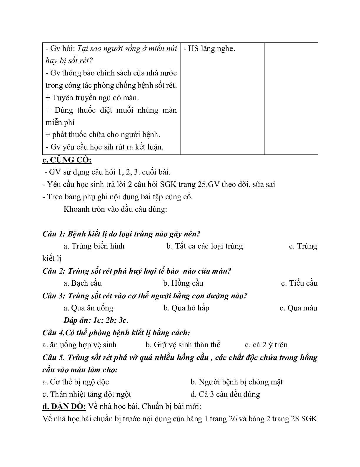 Giáo án Sinh học 7 Bài 6: Trùng kiết lị và trùng sốt rét mới nhất - CV5512 (trang 5)