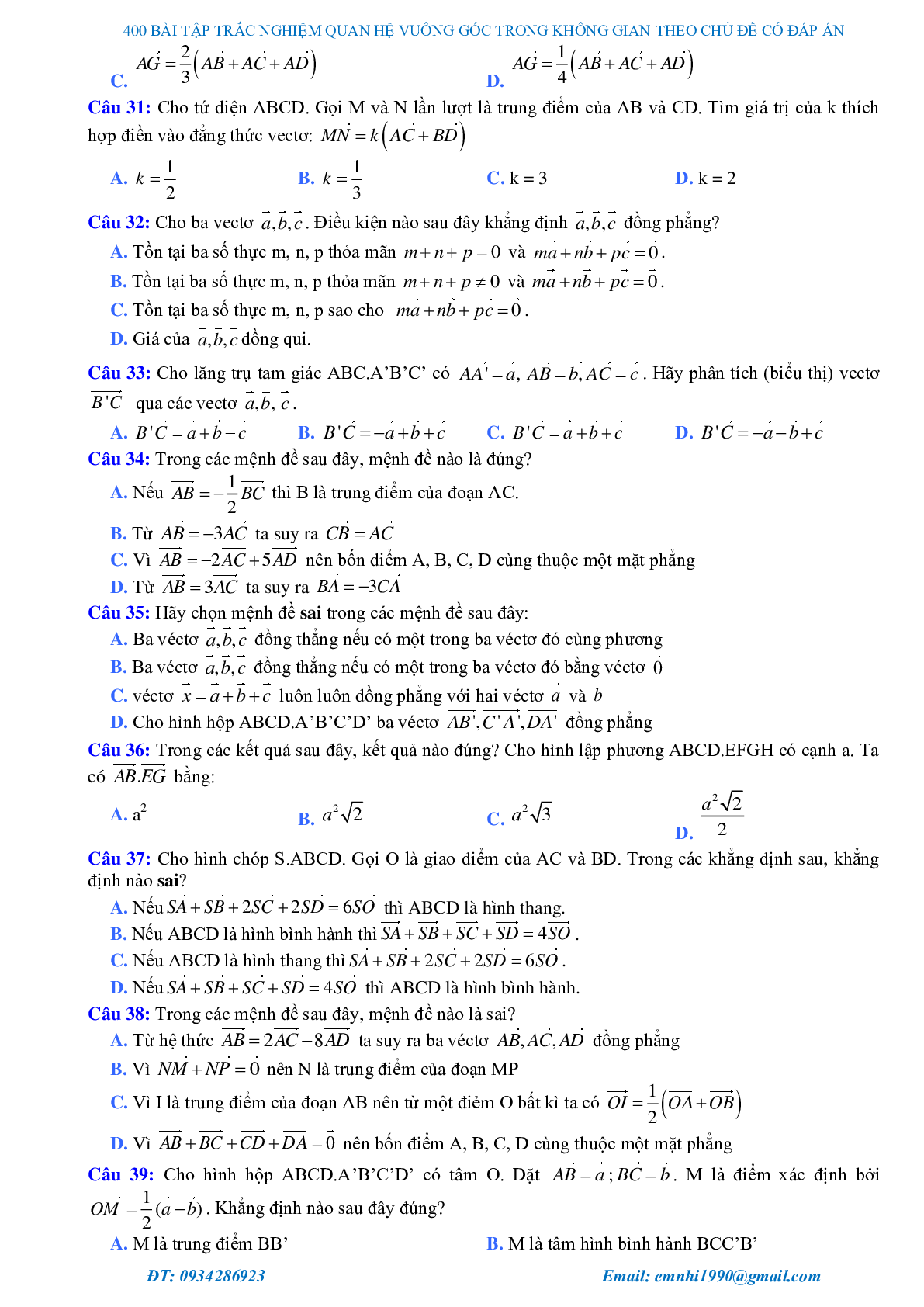 429 câu trắc nghiệm chuyên đề quan hệ vuông góc trong không gian 2023 (trang 5)