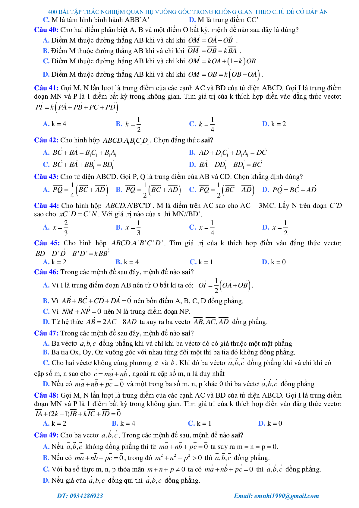 429 câu trắc nghiệm chuyên đề quan hệ vuông góc trong không gian 2023 (trang 6)