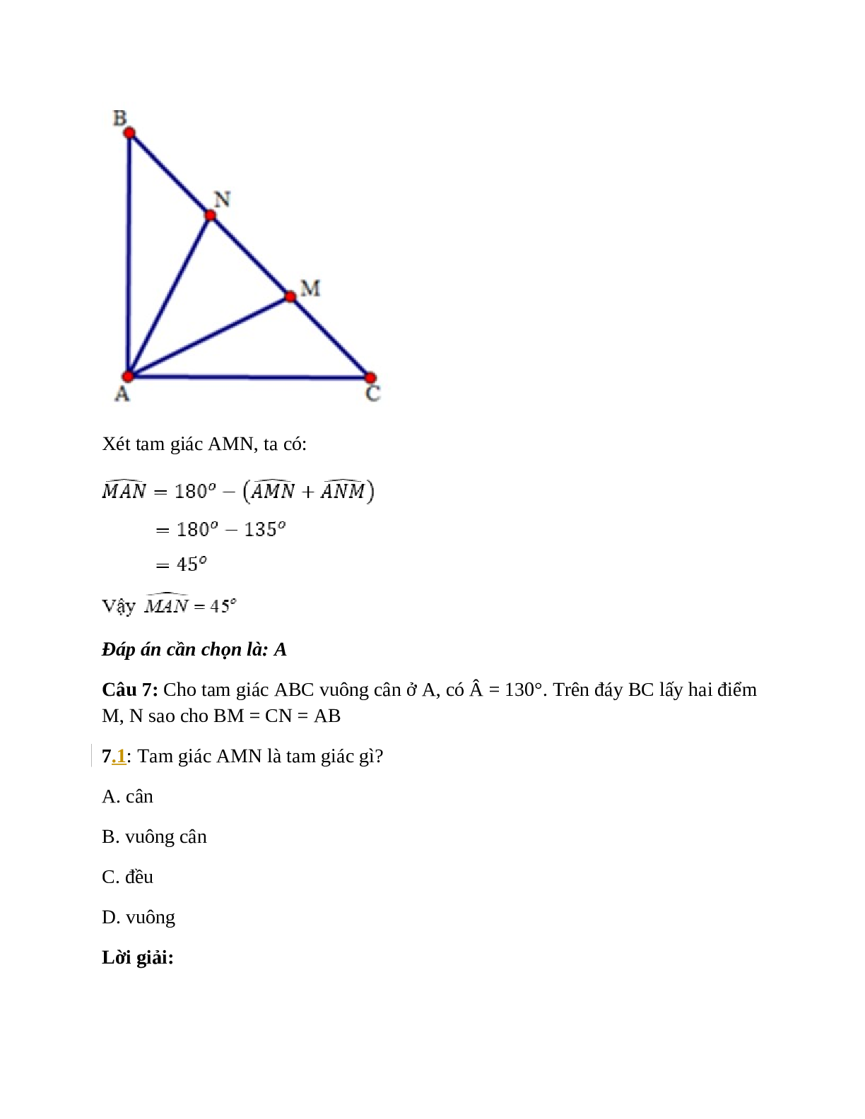 Trắc nghiệm Tam giác cân có đáp án – Toán lớp 7 (trang 5)