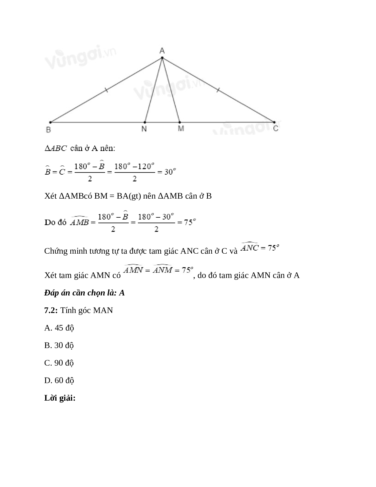 Trắc nghiệm Tam giác cân có đáp án – Toán lớp 7 (trang 6)