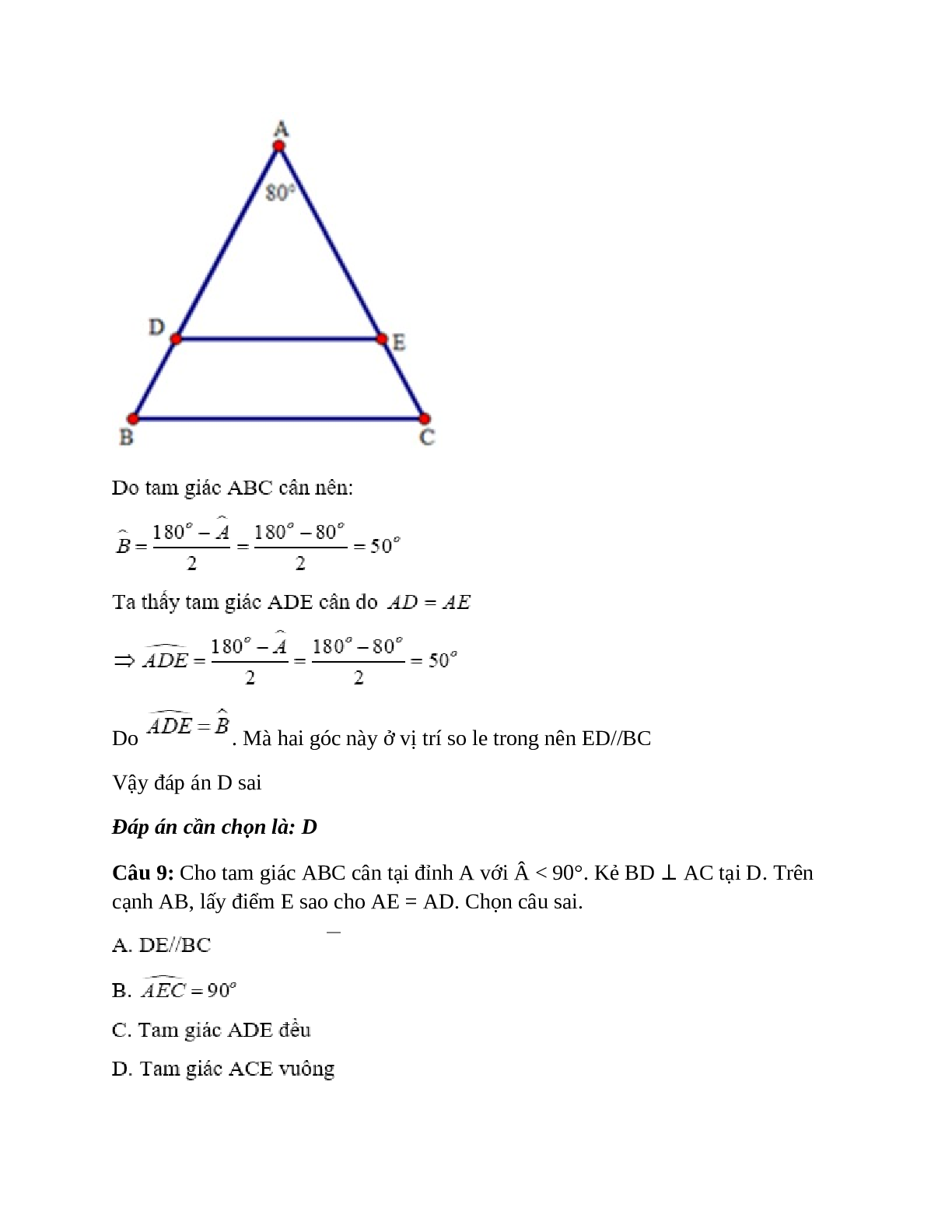 Trắc nghiệm Tam giác cân có đáp án – Toán lớp 7 (trang 8)