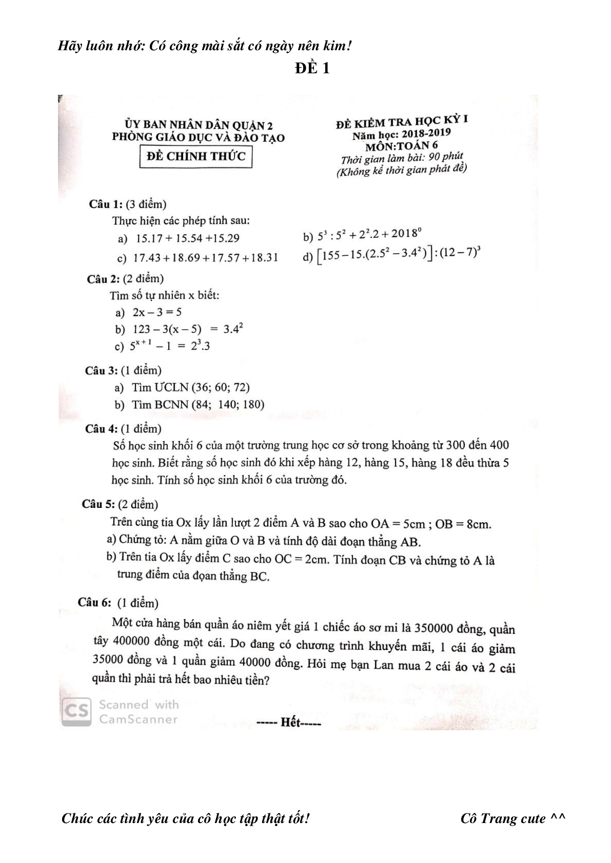 Đề thi thử học kì 1 môn Toán lớp 6 năm 2018 - 2019 chọn lọc (12 đề) (trang 1)