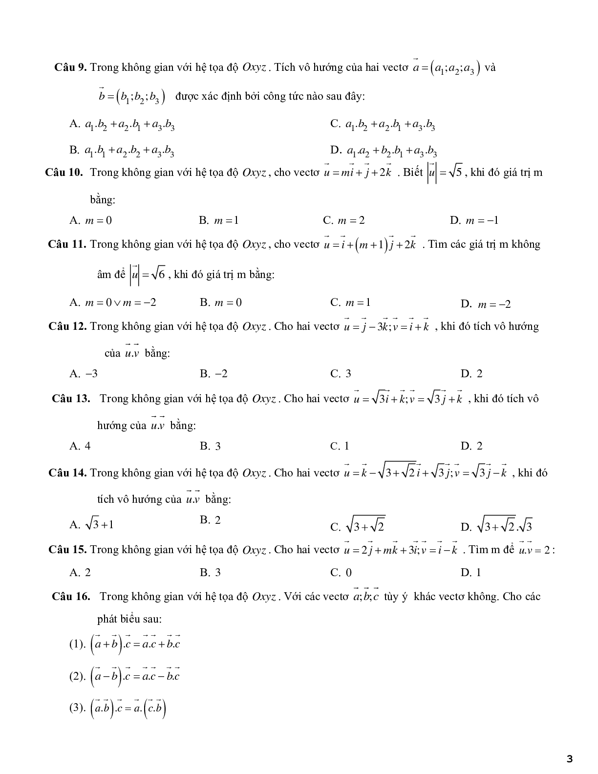 420 câu trắc nghiệm phương pháp tọa độ trong không gian - có đáp án (trang 3)