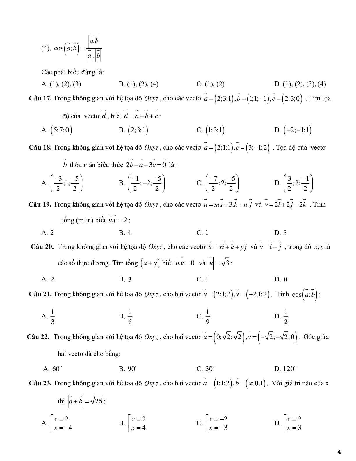 420 câu trắc nghiệm phương pháp tọa độ trong không gian - có đáp án (trang 4)