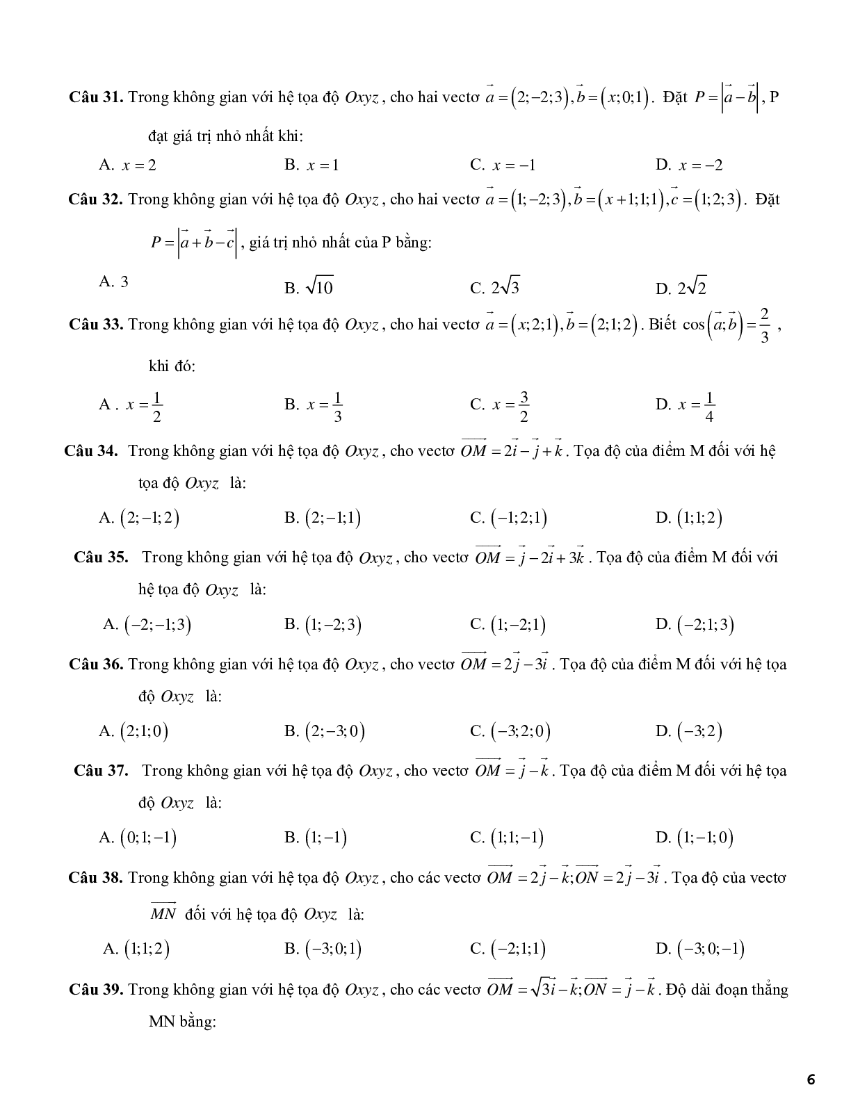 420 câu trắc nghiệm phương pháp tọa độ trong không gian - có đáp án (trang 6)