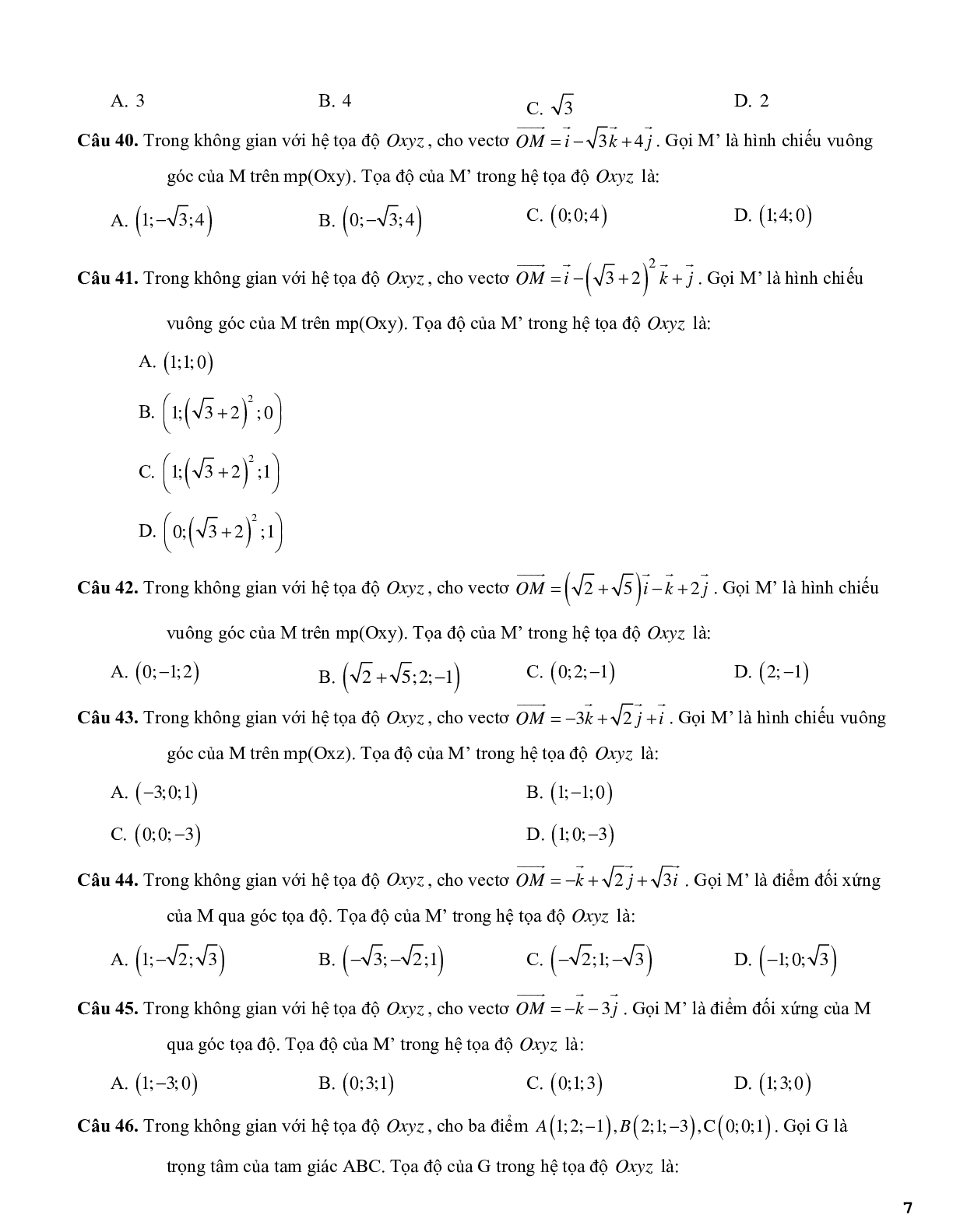 420 câu trắc nghiệm phương pháp tọa độ trong không gian - có đáp án (trang 7)