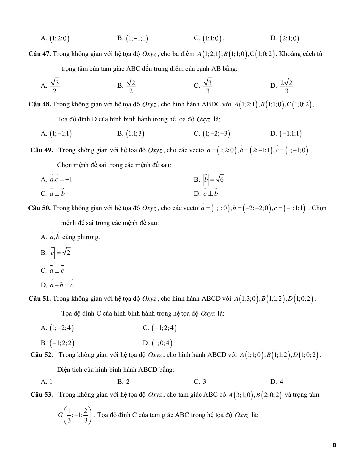 420 câu trắc nghiệm phương pháp tọa độ trong không gian - có đáp án (trang 8)