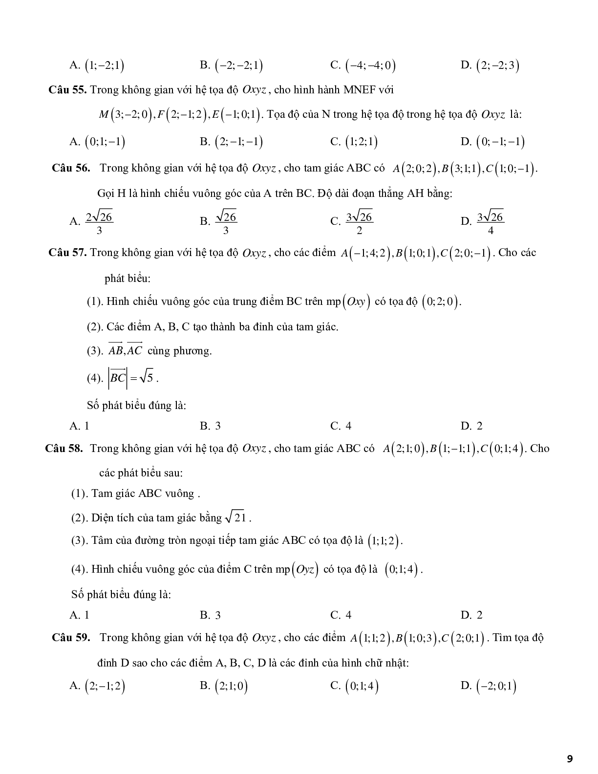420 câu trắc nghiệm phương pháp tọa độ trong không gian - có đáp án (trang 9)
