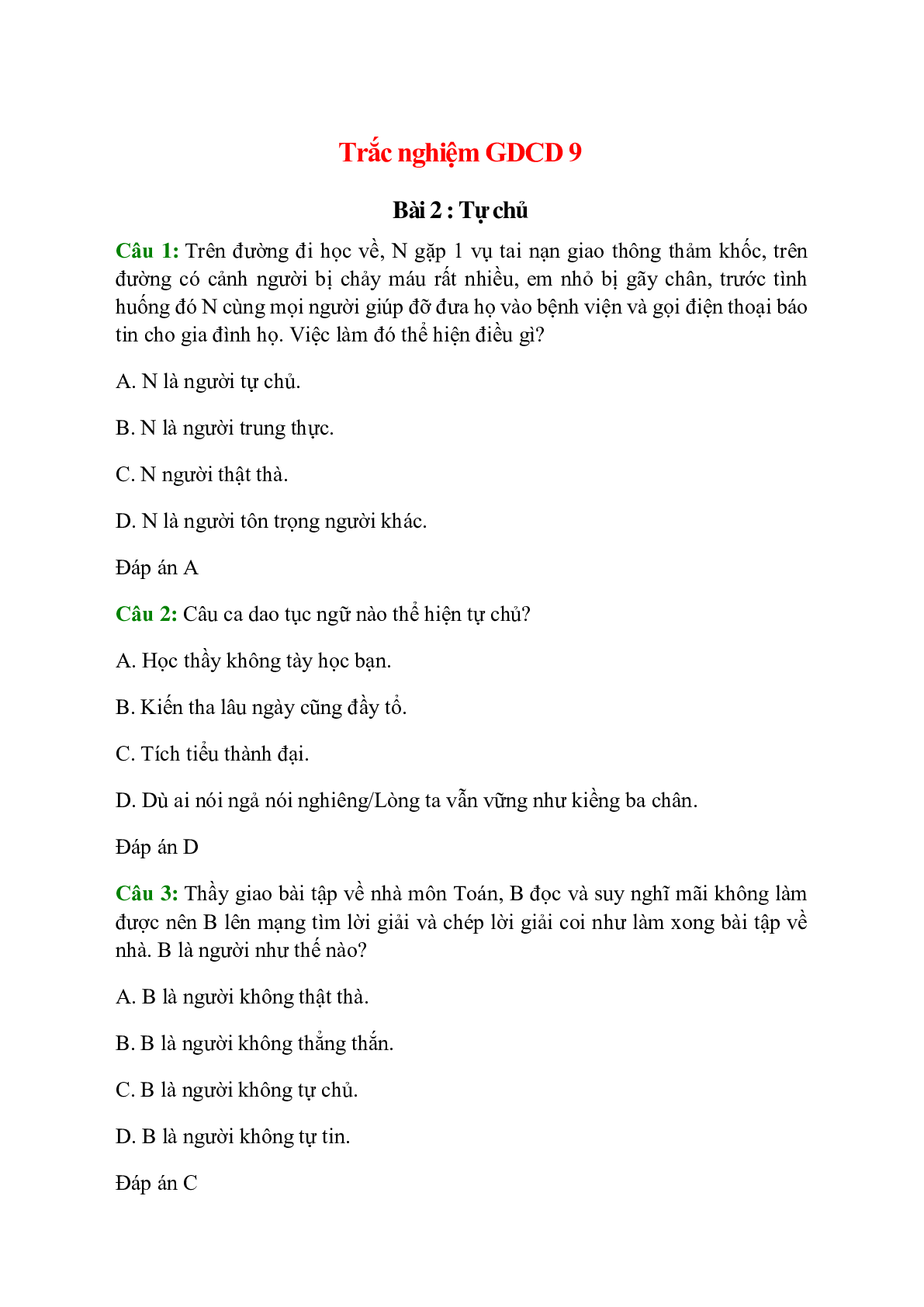25 câu Trắc nghiệm GDCD 9 Bài 2 có đáp án 2023: Tự chủ (trang 1)