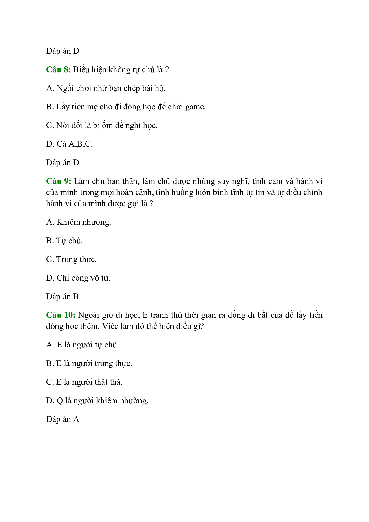 25 câu Trắc nghiệm GDCD 9 Bài 2 có đáp án 2023: Tự chủ (trang 3)