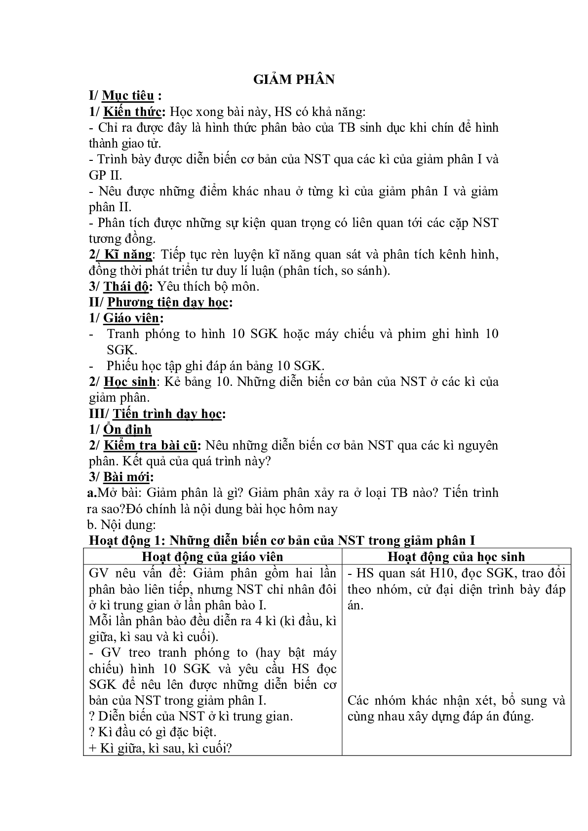 Giáo án Sinh học 9 Bài 10: Giảm phân mới, chuẩn nhất (trang 1)