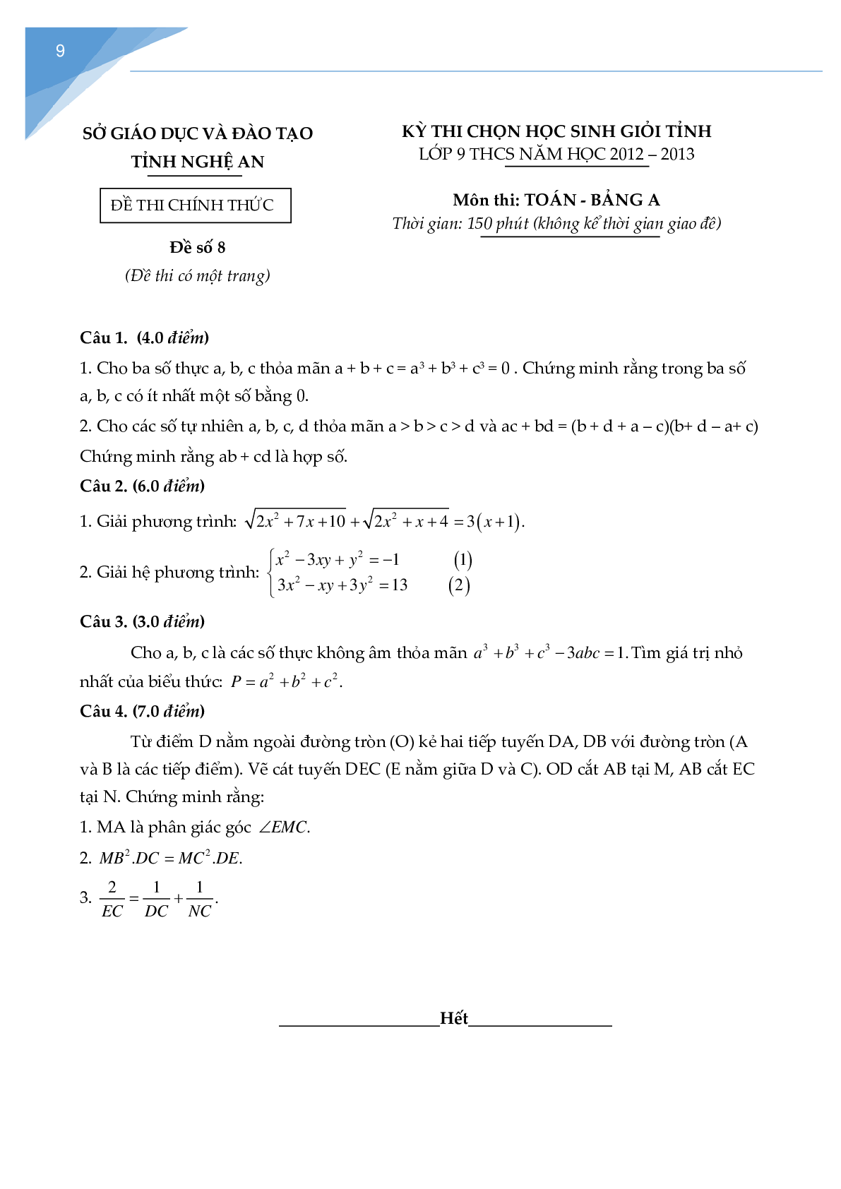 Bộ đề thi học sinh giỏi toán lớp 9 tỉnh Nghệ An (trang 8)