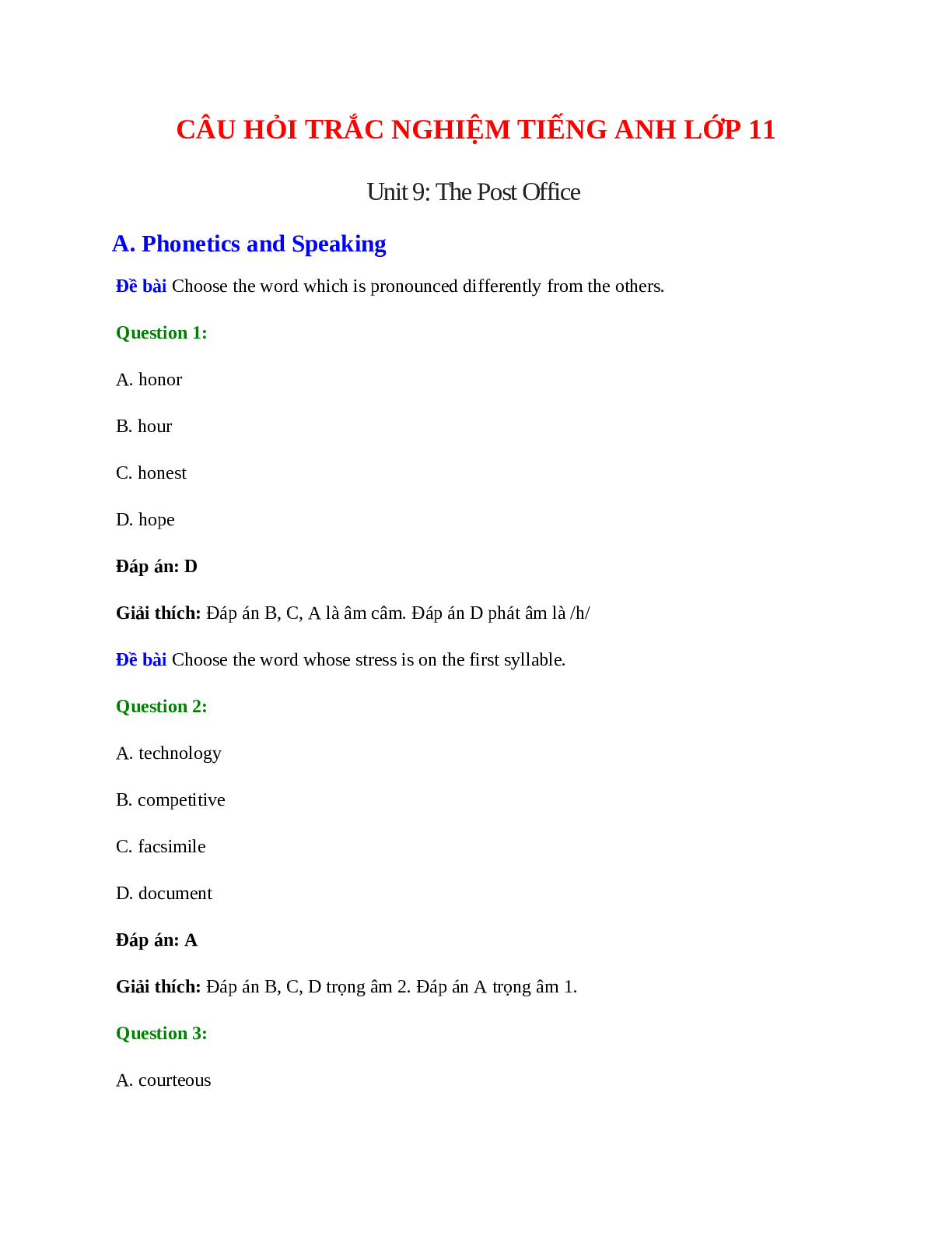 60 câu Trắc nghiệm Tiếng Anh 11 Unit 9 có đáp án 2023 2023: The Post Office (trang 1)