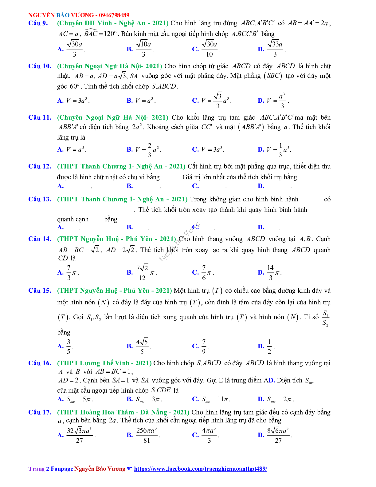 Trắc nghiệm Ôn thi THPT QG Toán 12:Câu hỏi Khối tròn xoay mức độ vận dụng (trang 2)