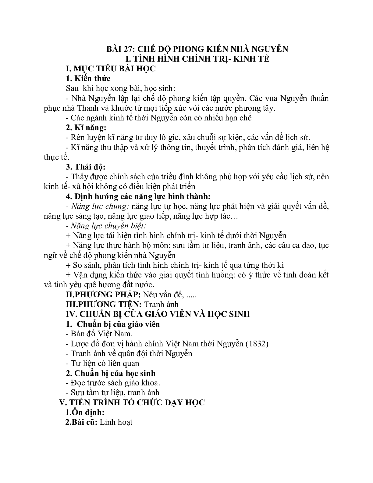 Giáo án Lịch sử 7 Bài 27 Chế độ phong kiến nhà Nguyễn tiết 1 mới nhất (trang 1)