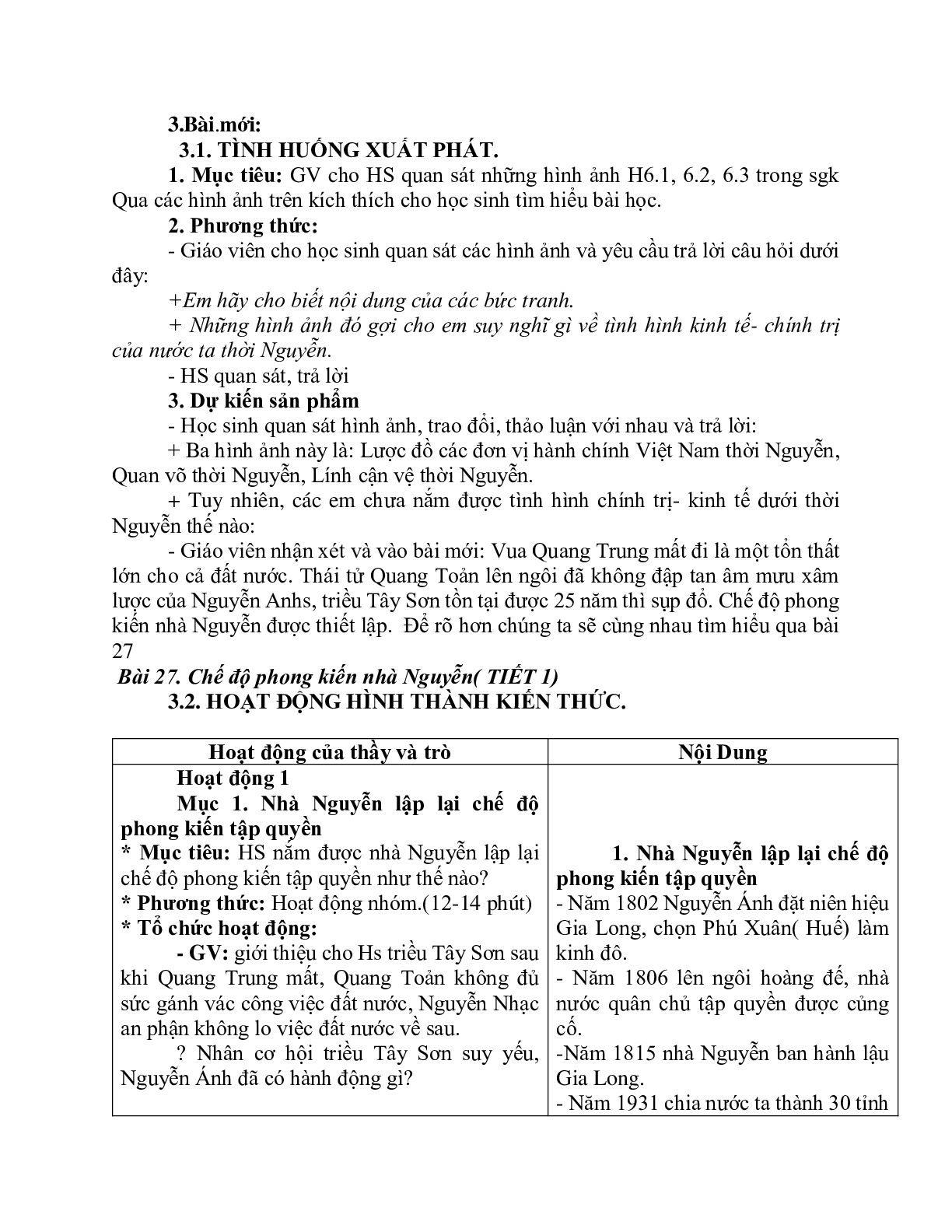 Giáo án Lịch sử 7 Bài 27 Chế độ phong kiến nhà Nguyễn tiết 1 mới nhất (trang 2)