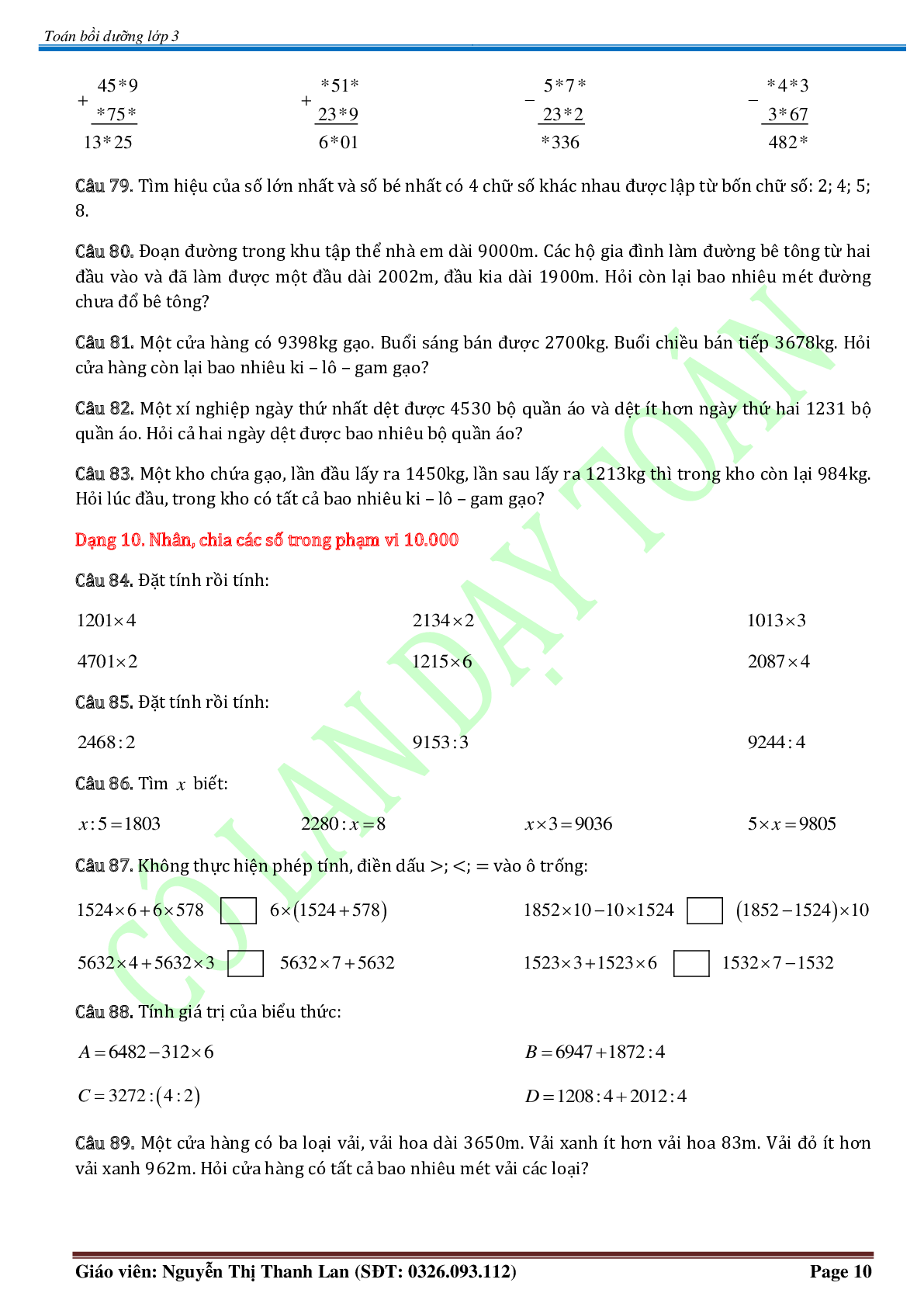 Chuyên đề Các phép tính trong phạm vi 100.000 môn Toán lớp 3 (trang 10)