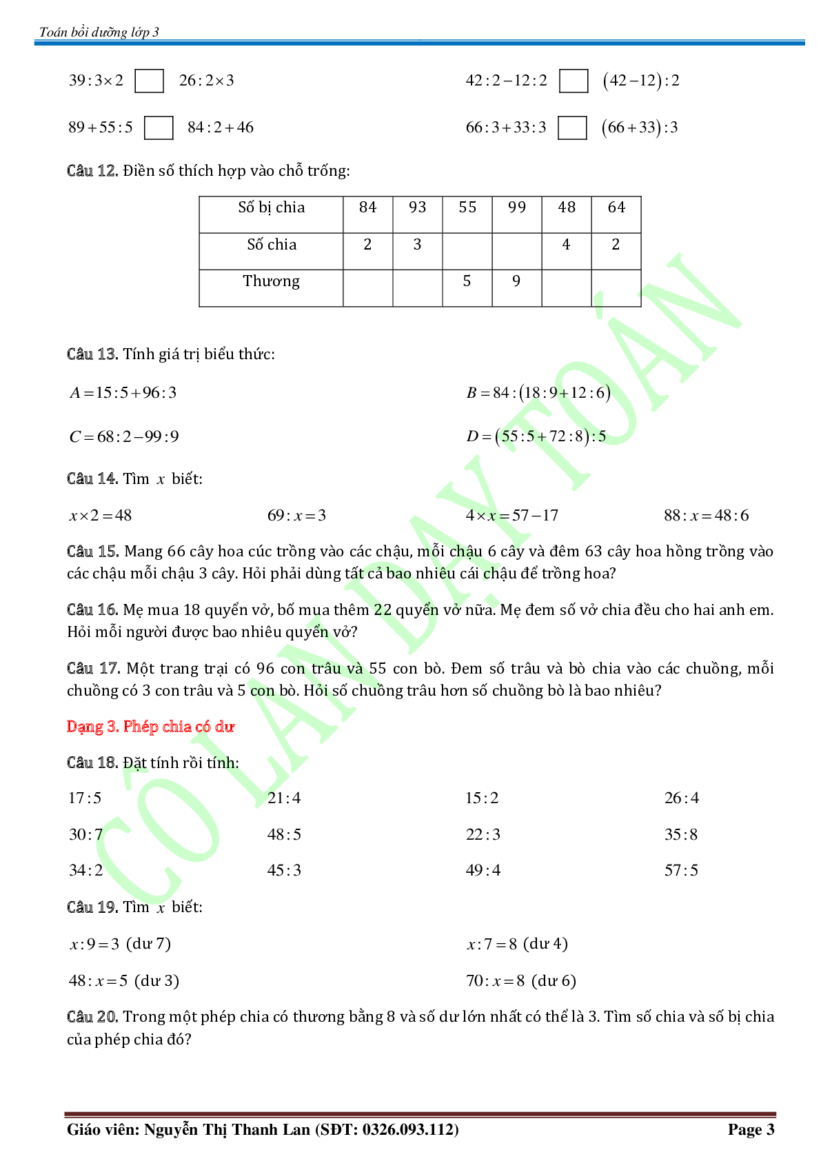 Chuyên đề Các phép tính trong phạm vi 100.000 môn Toán lớp 3 (trang 3)