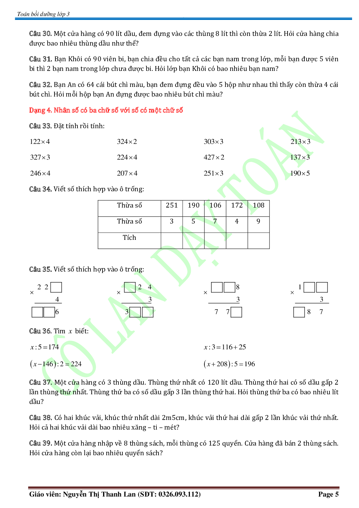 Chuyên đề Các phép tính trong phạm vi 100.000 môn Toán lớp 3 (trang 5)