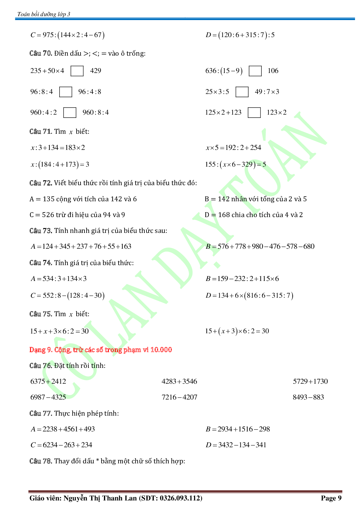 Chuyên đề Các phép tính trong phạm vi 100.000 môn Toán lớp 3 (trang 9)