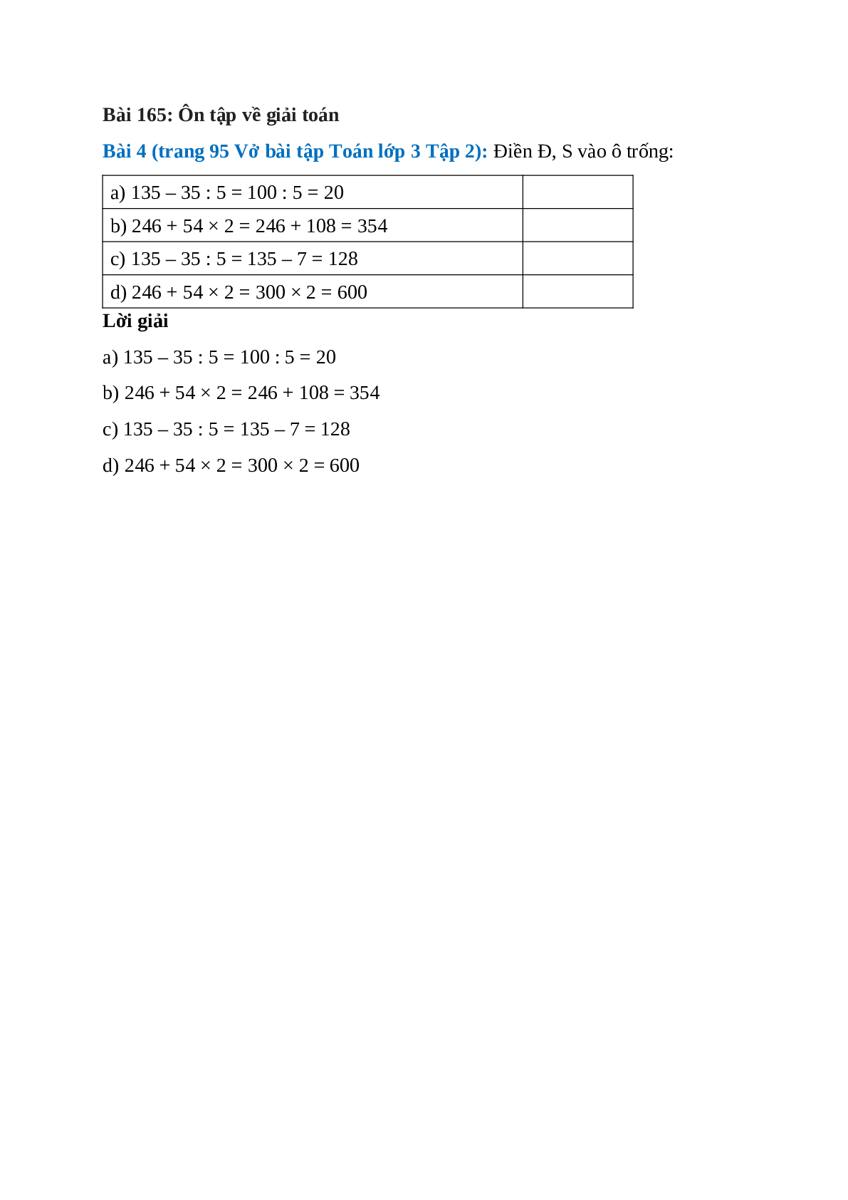 Điền Đ, S vào ô trống: 135 – 35 : 5 = 100 : 5 = 20, 246 + 54 × 2 = 246 + 108 = 354 (trang 1)