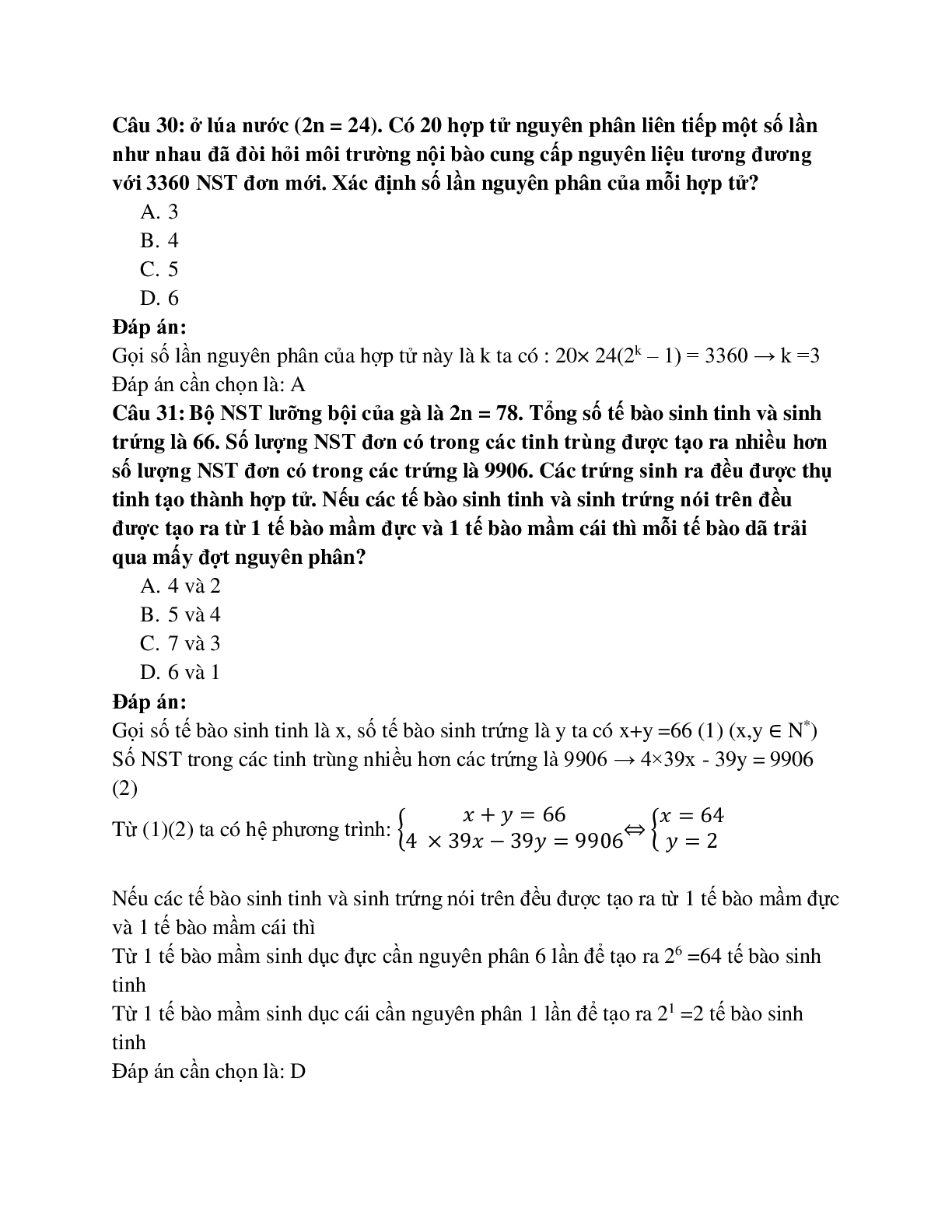 77 câu Trắc nghiệm Sinh học 9 Bài 10 có đáp án 2023: Giảm phân (trang 10)