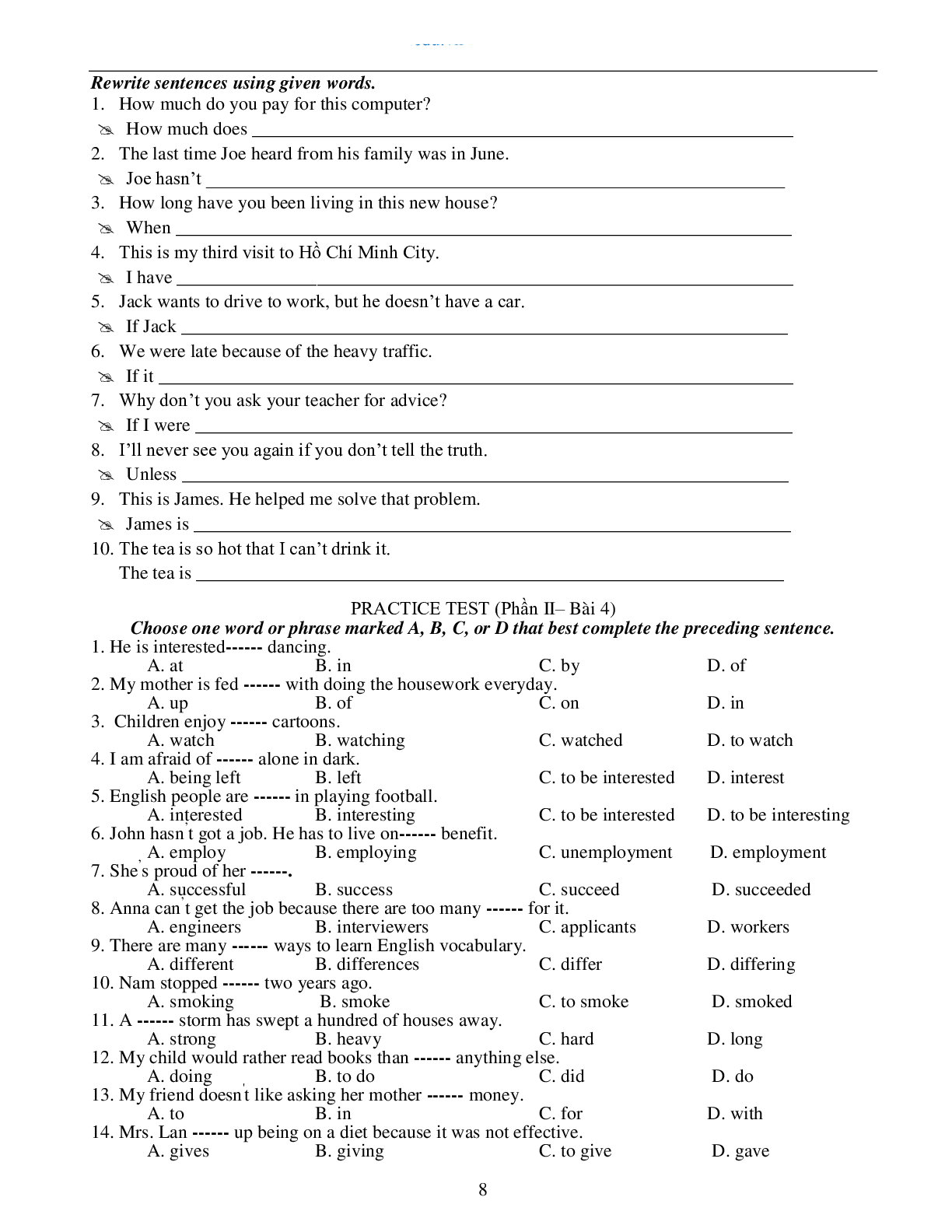 Bài tập tổng hợp các dạng bài tập cơ bản nhất môn Tiếng Anh 10 có đáp án, chọn lọc (trang 8)