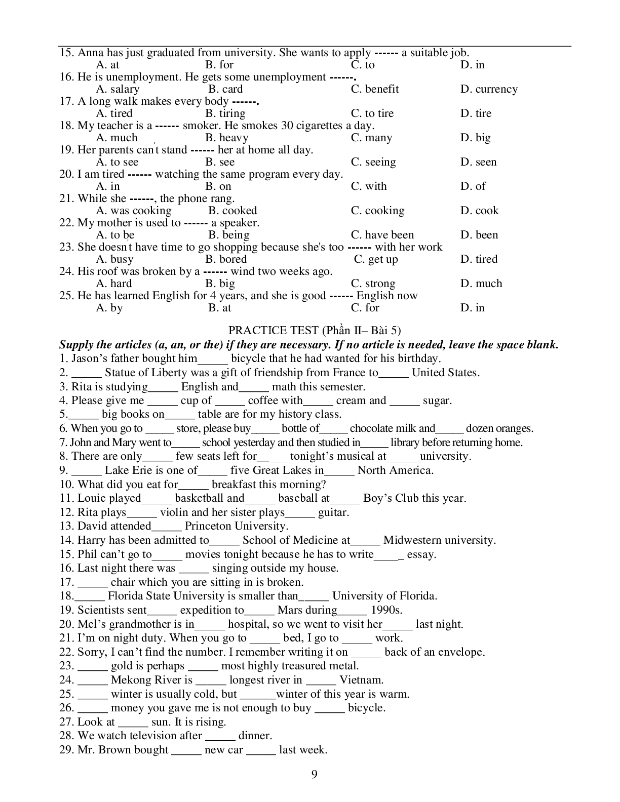 Bài tập tổng hợp các dạng bài tập cơ bản nhất môn Tiếng Anh 10 có đáp án, chọn lọc (trang 9)