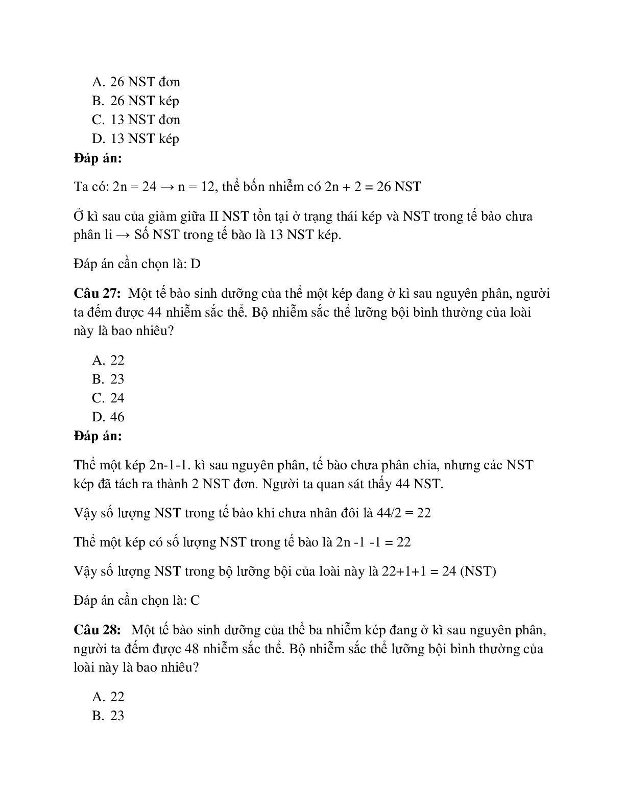 59 câu Trắc nghiệm Sinh học lớp 12 Bài 6 có đáp án 2023: Đột biến số lượng NST (trang 10)