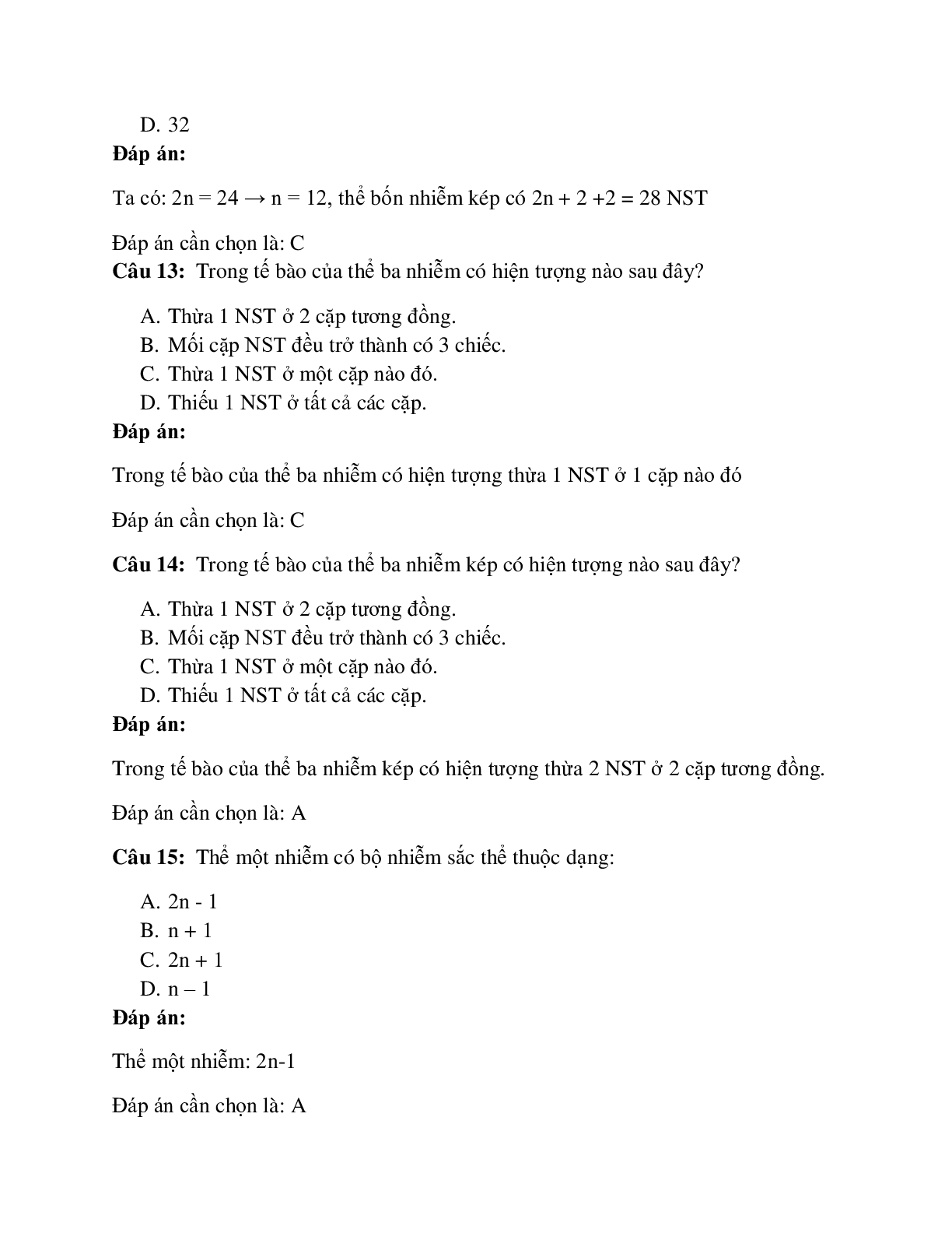 59 câu Trắc nghiệm Sinh học lớp 12 Bài 6 có đáp án 2023: Đột biến số lượng NST (trang 5)