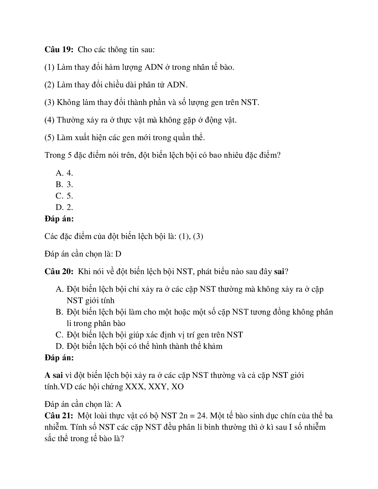 59 câu Trắc nghiệm Sinh học lớp 12 Bài 6 có đáp án 2023: Đột biến số lượng NST (trang 7)