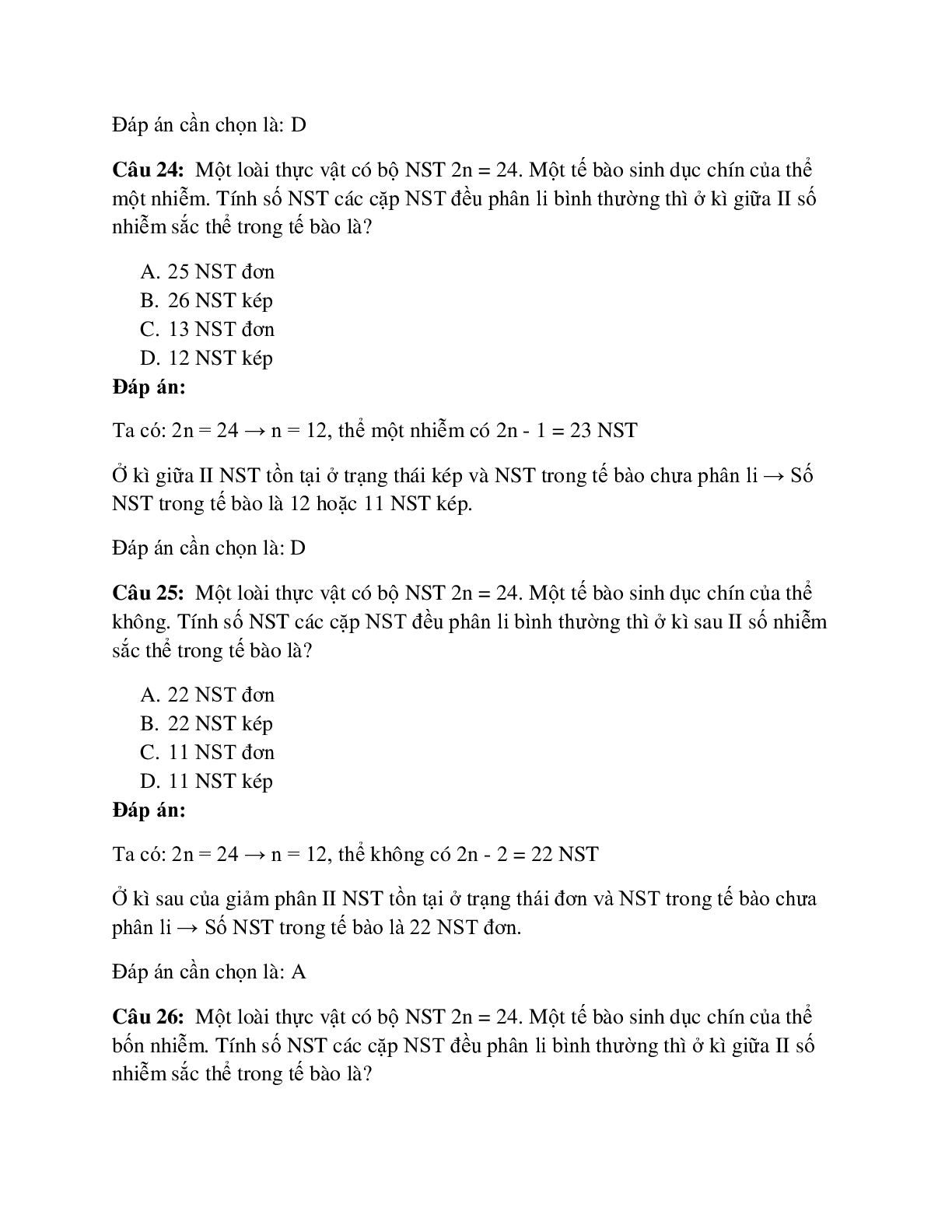 59 câu Trắc nghiệm Sinh học lớp 12 Bài 6 có đáp án 2023: Đột biến số lượng NST (trang 9)