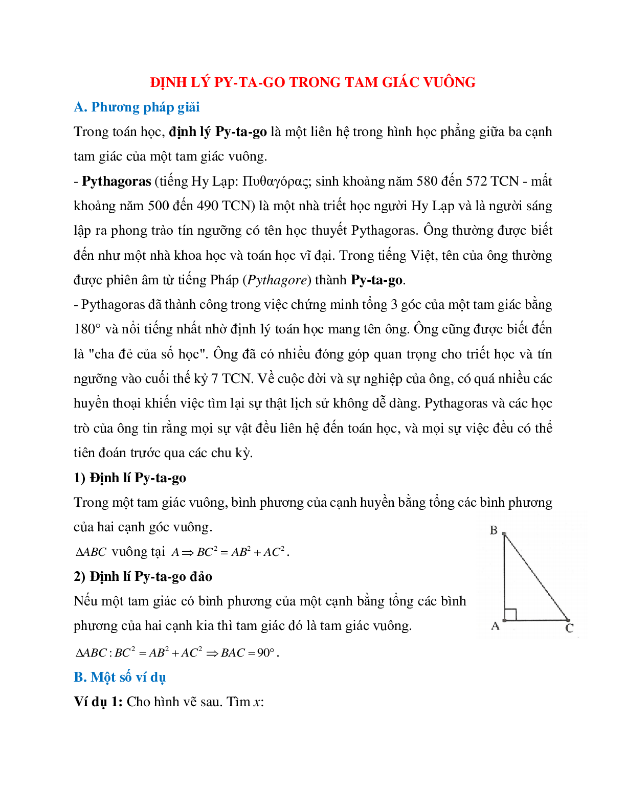Những bài tập điển hình về Định lý Pi-ta-go trong tam giác vuông có lời giải (trang 1)
