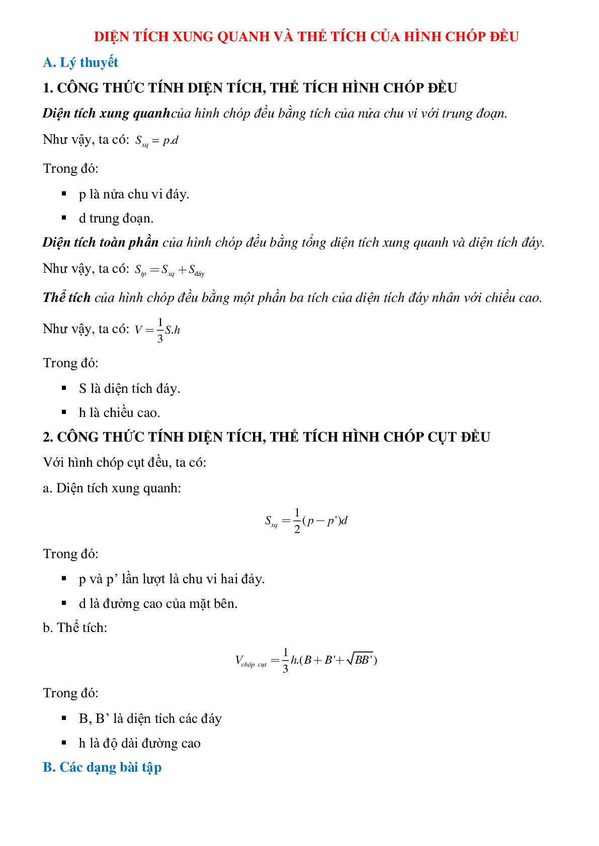 50 Bài tập Diện tích xung quanh của hình chóp đều (có đáp án)- Toán 8 (trang 1)
