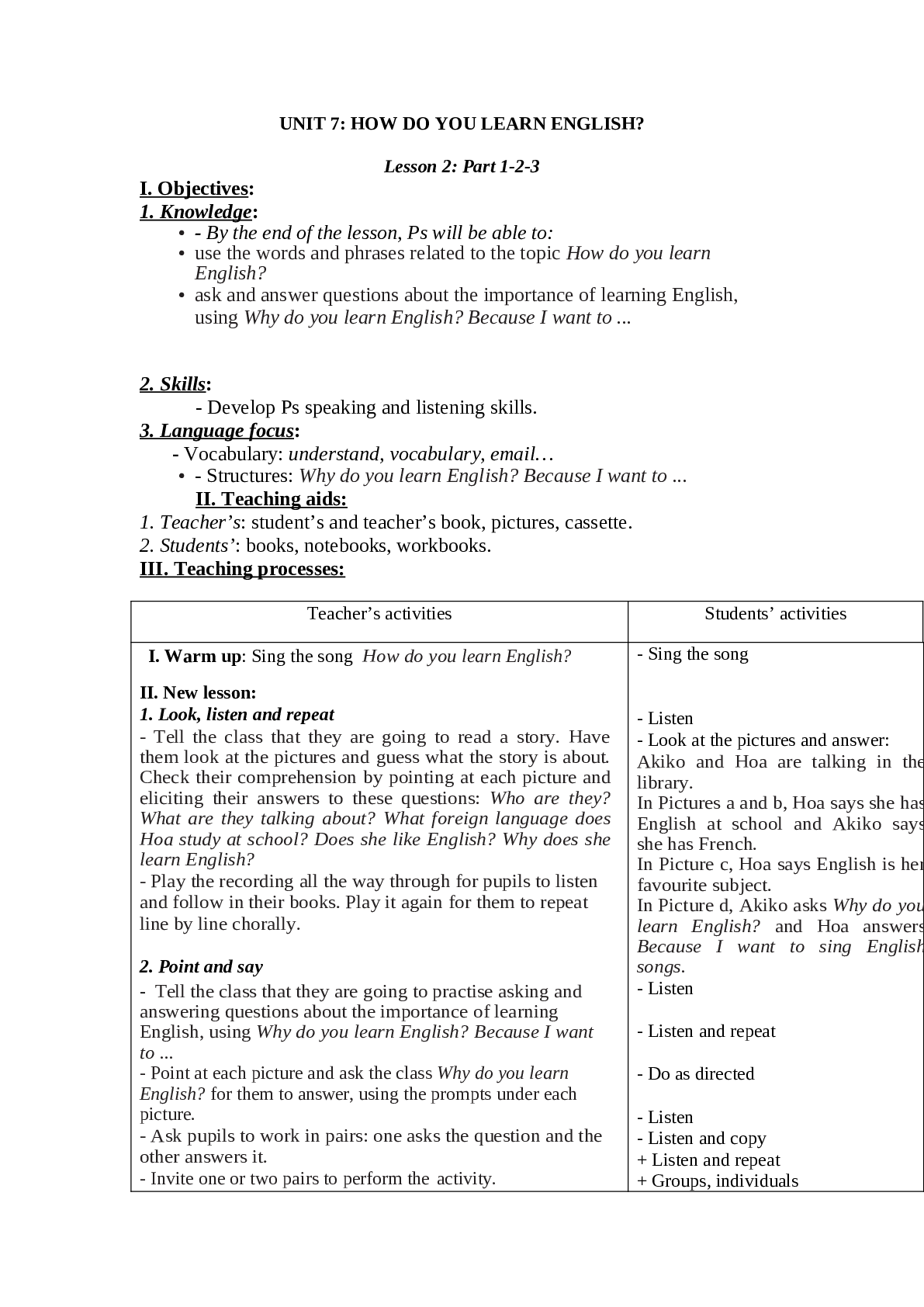 Giáo án tiếng anh 5 unit 7: How do you learn english? mới nhất (trang 1)