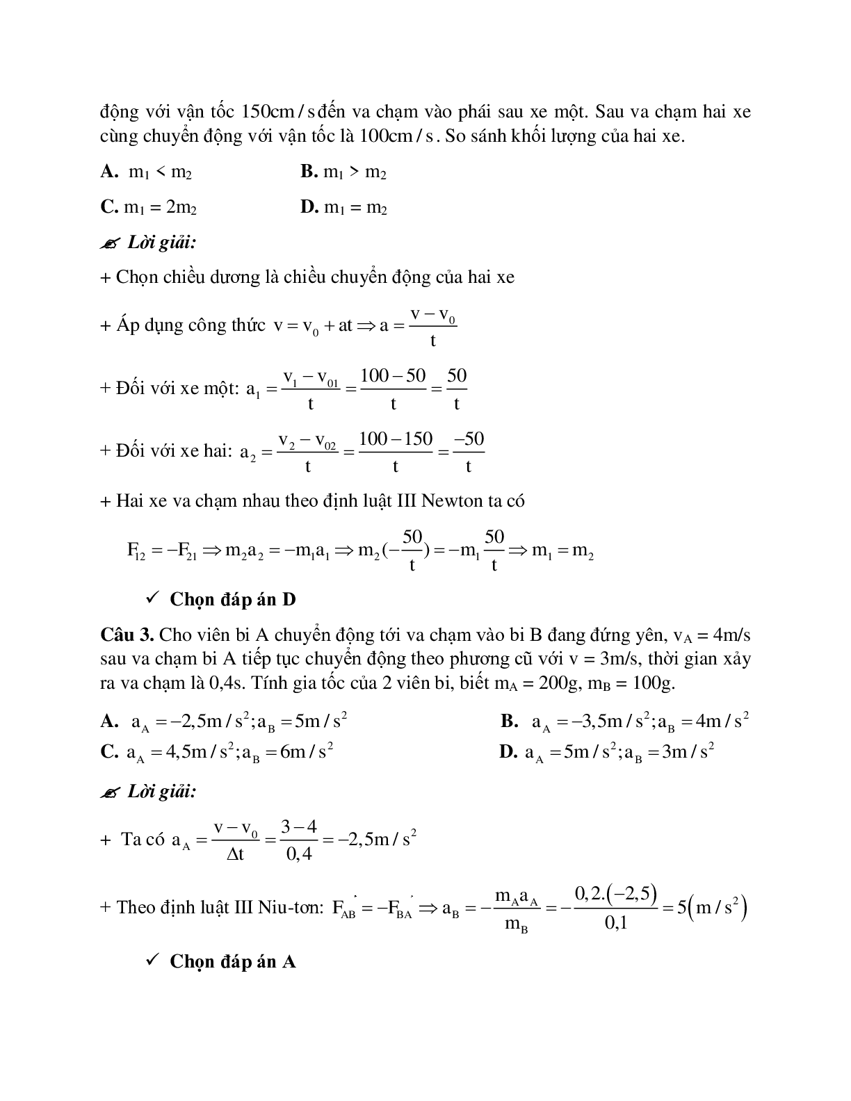 Phương pháp giải và bài tập về Bài toán hai vật va chạm nhau - định luật III Newton chọn lọc (trang 2)