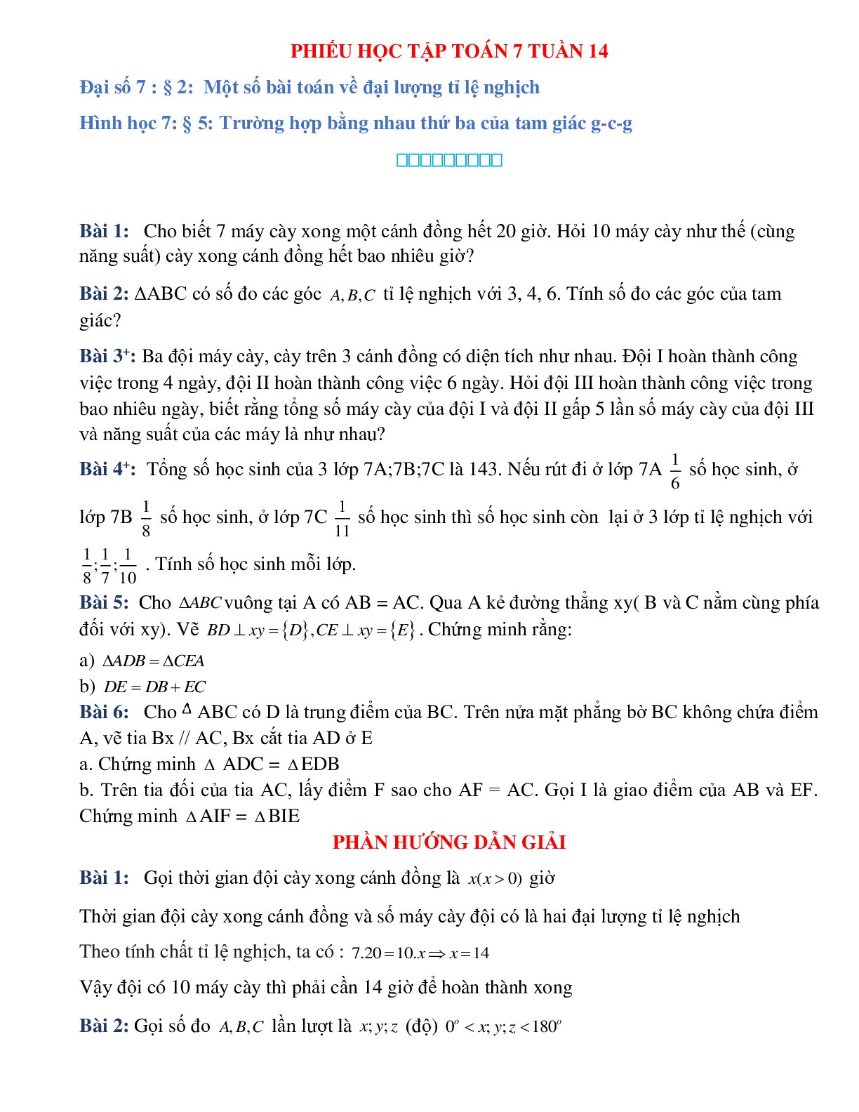 Phiếu bài tập tuần 14 - Toán 7 (trang 1)