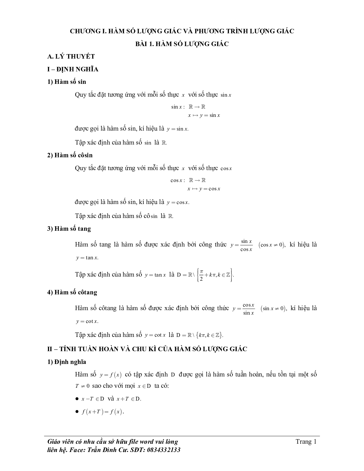 Phân loại và phương pháp giải bài tập hàm số lượng giác và phương trình lượng giác (trang 1)