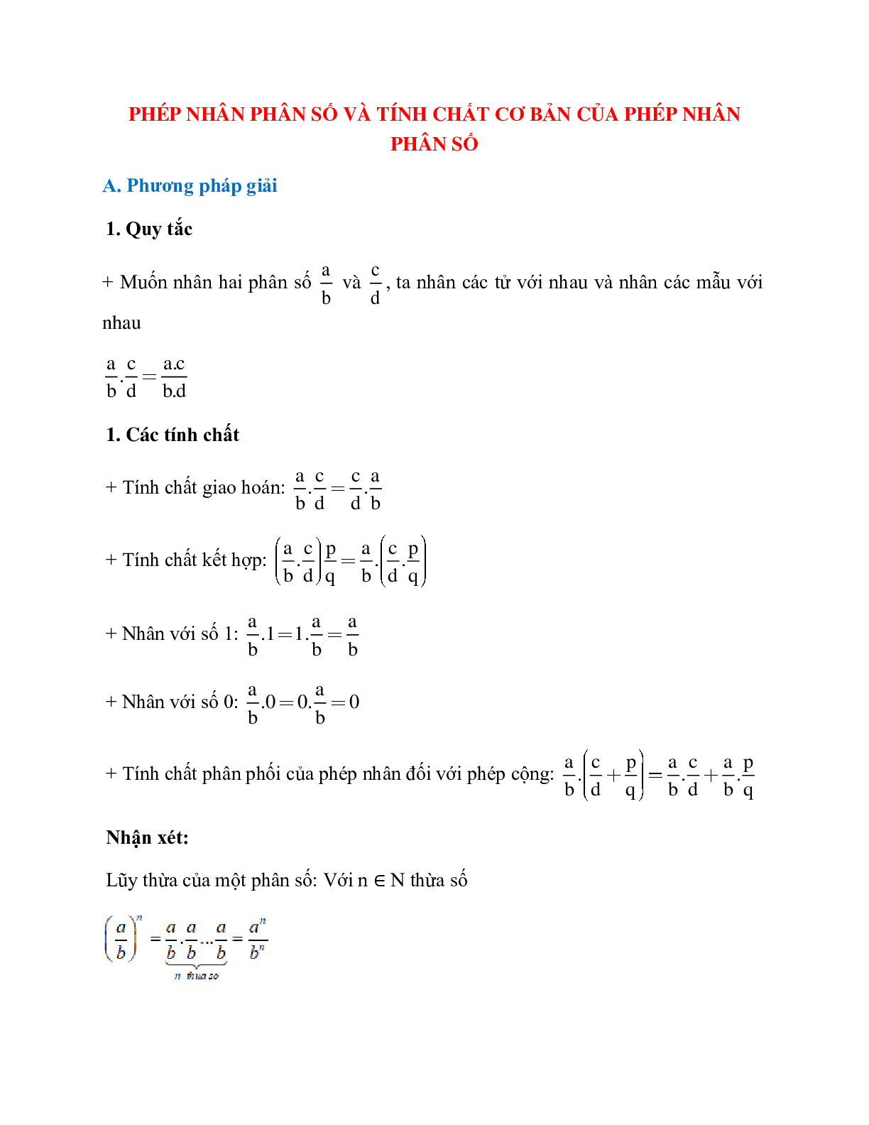 Tất tần tật về phép nhân phân số và tính chất cơ bản của phép nhân phân số chi tiết (trang 1)