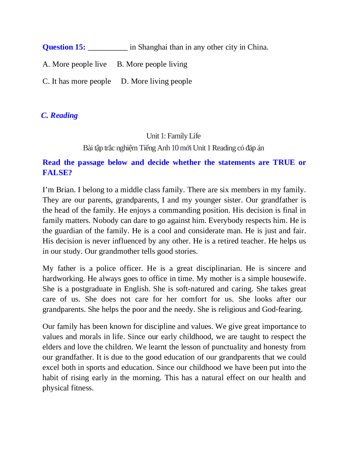 Trắc nghiệm Tiếng Anh 10 mới Unit 1 có đáp án: Family Life (trang 8)