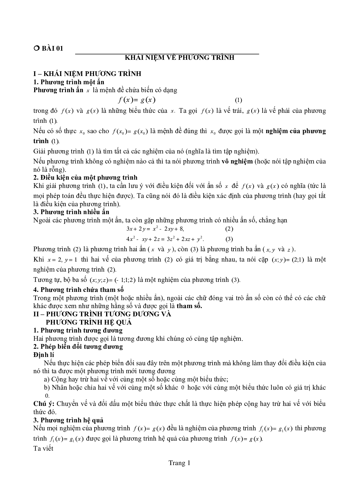 Chuyên đề: Phương trình môn Toán lớp 10 có lời giải chi tiết (trang 1)
